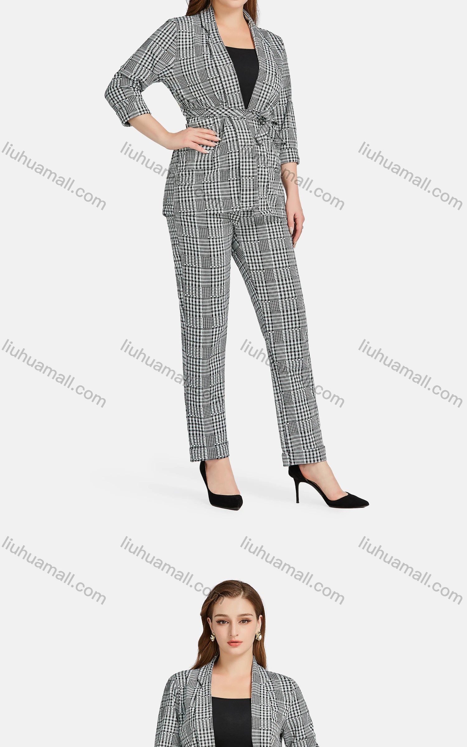 Wholesale Women's Casual Lapel Long Sleeve Tie Front Plaid Cardigan 2-piece Set - Liuhuamall