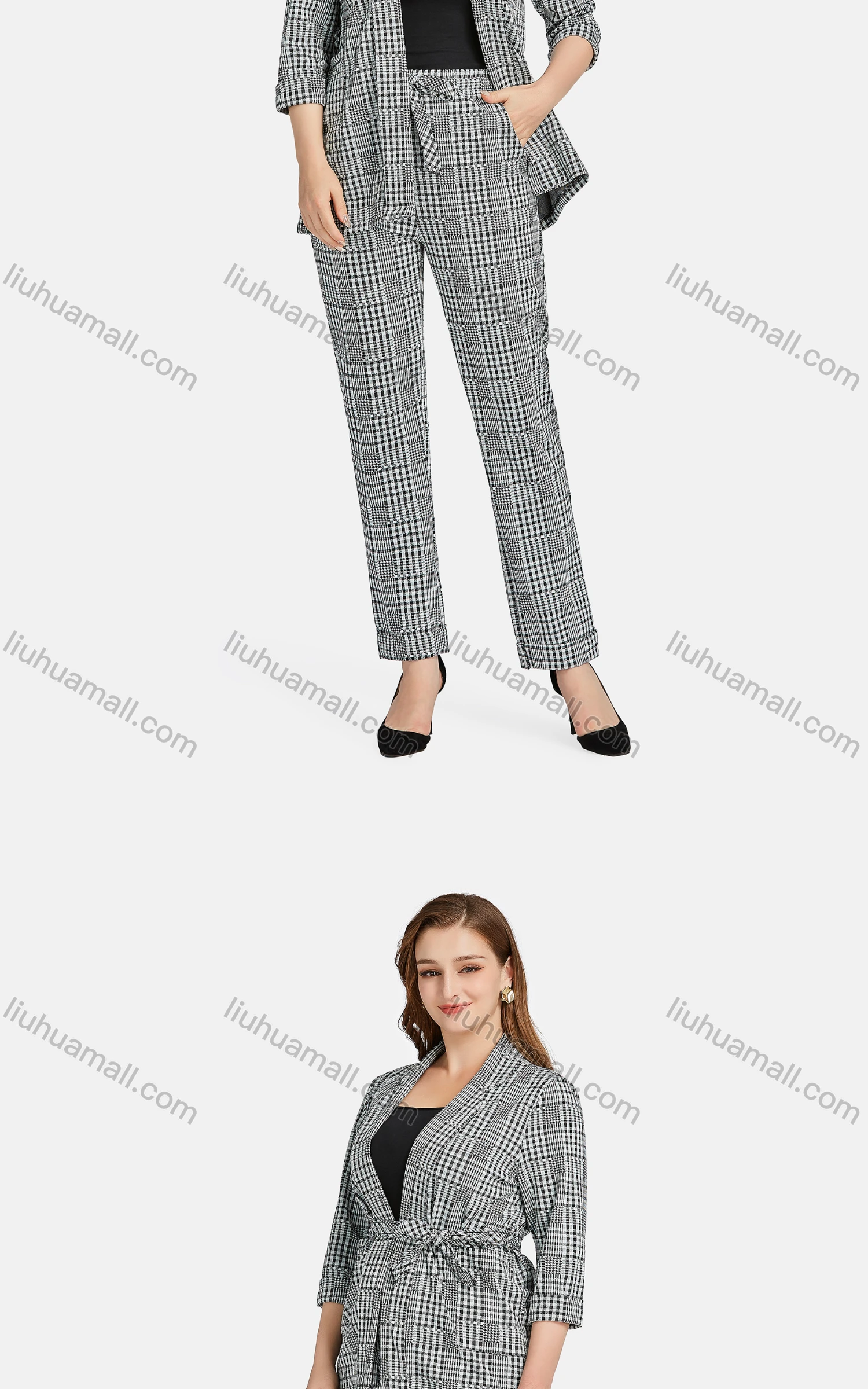 Wholesale Women's Casual Lapel Long Sleeve Tie Front Plaid Cardigan 2-piece Set - Liuhuamall