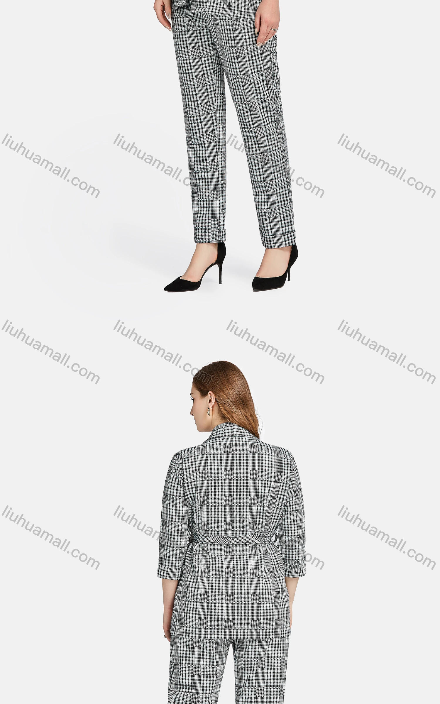 Wholesale Women's Casual Lapel Long Sleeve Tie Front Plaid Cardigan 2-piece Set - Liuhuamall