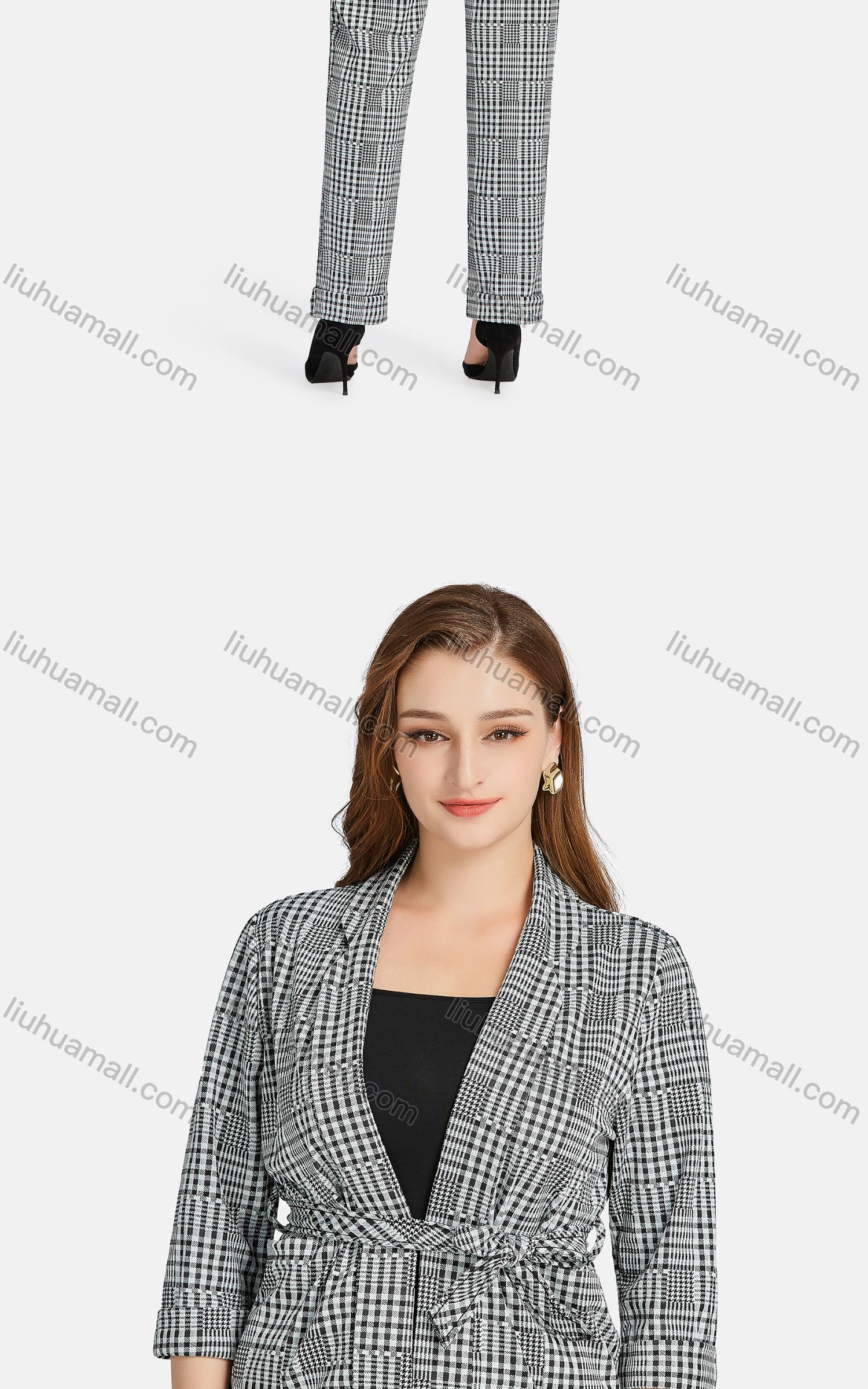 Wholesale Women's Casual Lapel Long Sleeve Tie Front Plaid Cardigan 2-piece Set - Liuhuamall