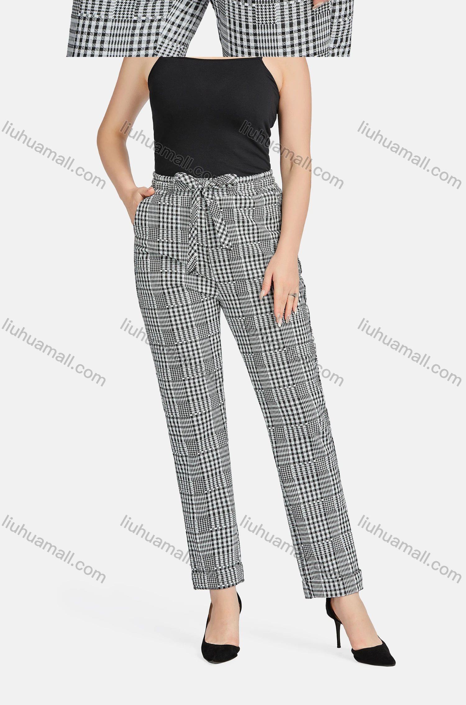 Wholesale Women's Casual Lapel Long Sleeve Tie Front Plaid Cardigan 2-piece Set - Liuhuamall