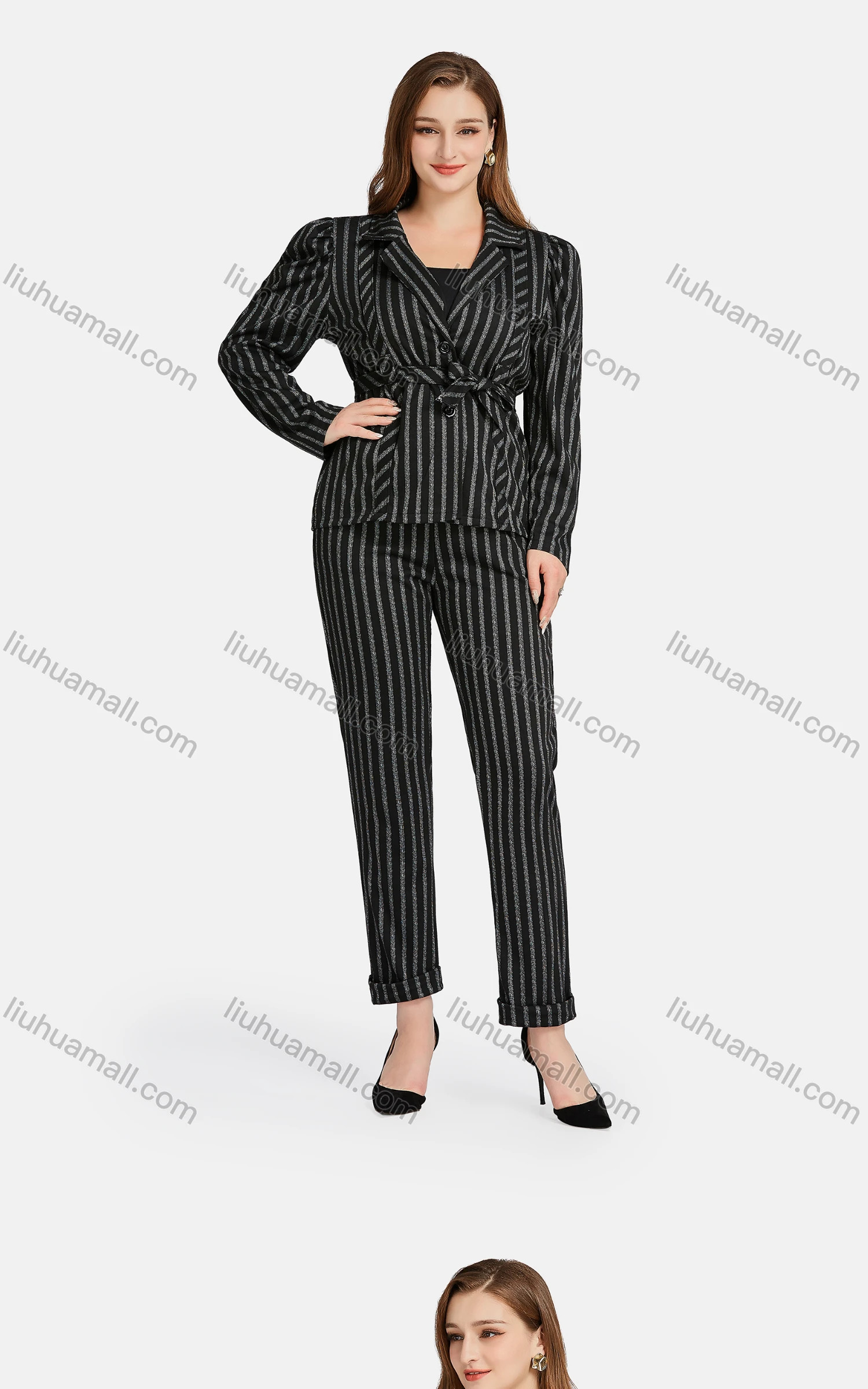 Wholesale Women's Formal Lapel Striped Tie Front Single Breasted Suit Jackets 2-piece Set - Liuhuamall