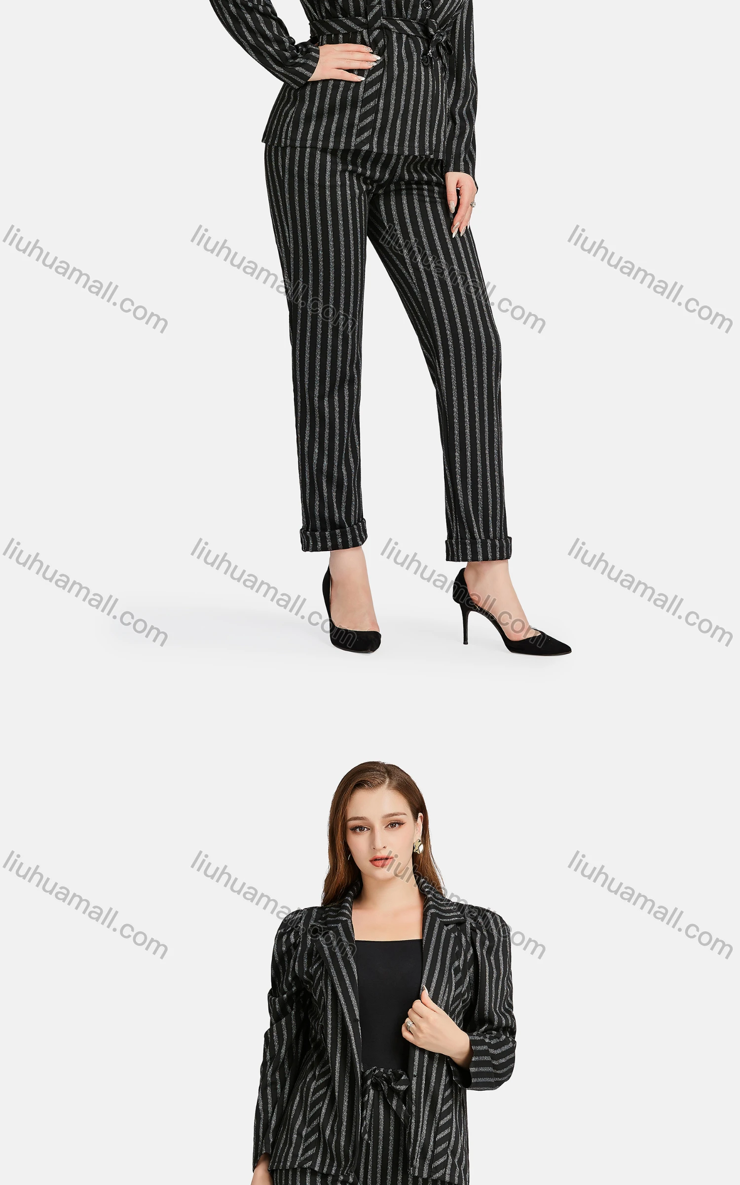 Wholesale Women's Formal Lapel Striped Tie Front Single Breasted Suit Jackets 2-piece Set - Liuhuamall