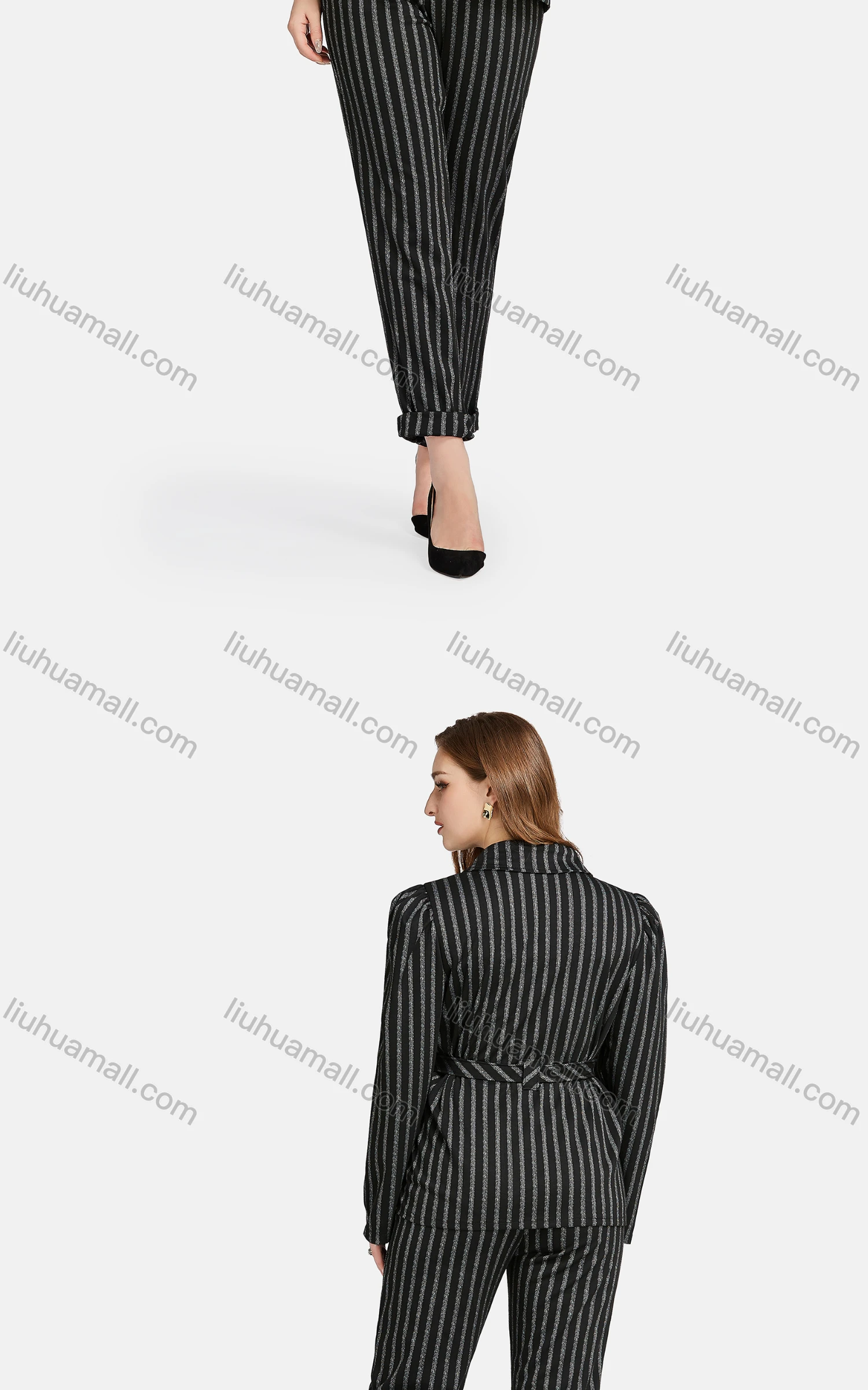 Wholesale Women's Formal Lapel Striped Tie Front Single Breasted Suit Jackets 2-piece Set - Liuhuamall