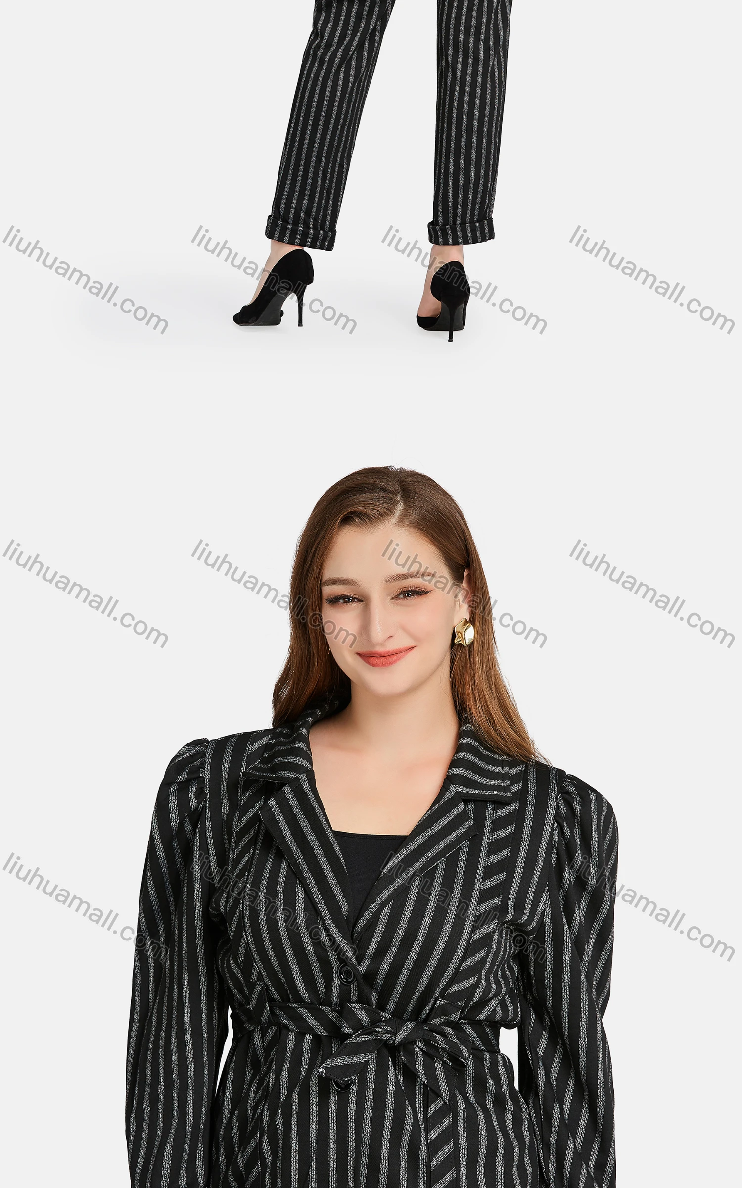 Wholesale Women's Formal Lapel Striped Tie Front Single Breasted Suit Jackets 2-piece Set - Liuhuamall
