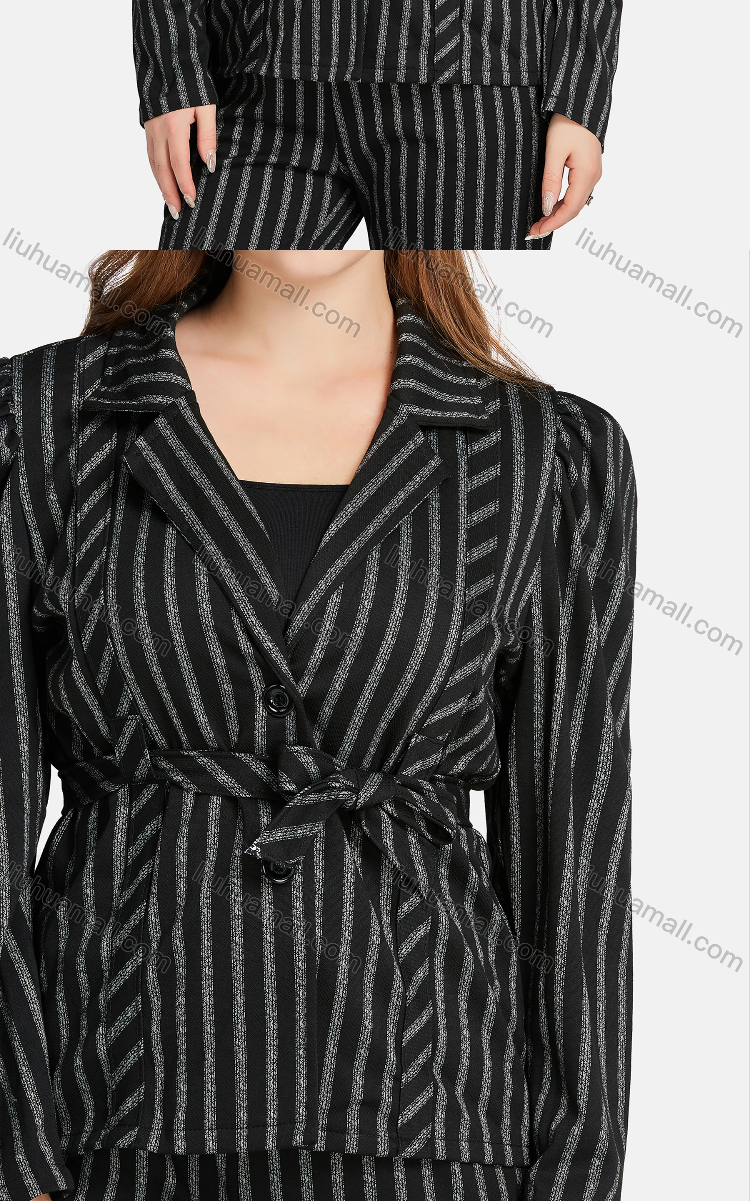 Wholesale Women's Formal Lapel Striped Tie Front Single Breasted Suit Jackets 2-piece Set - Liuhuamall