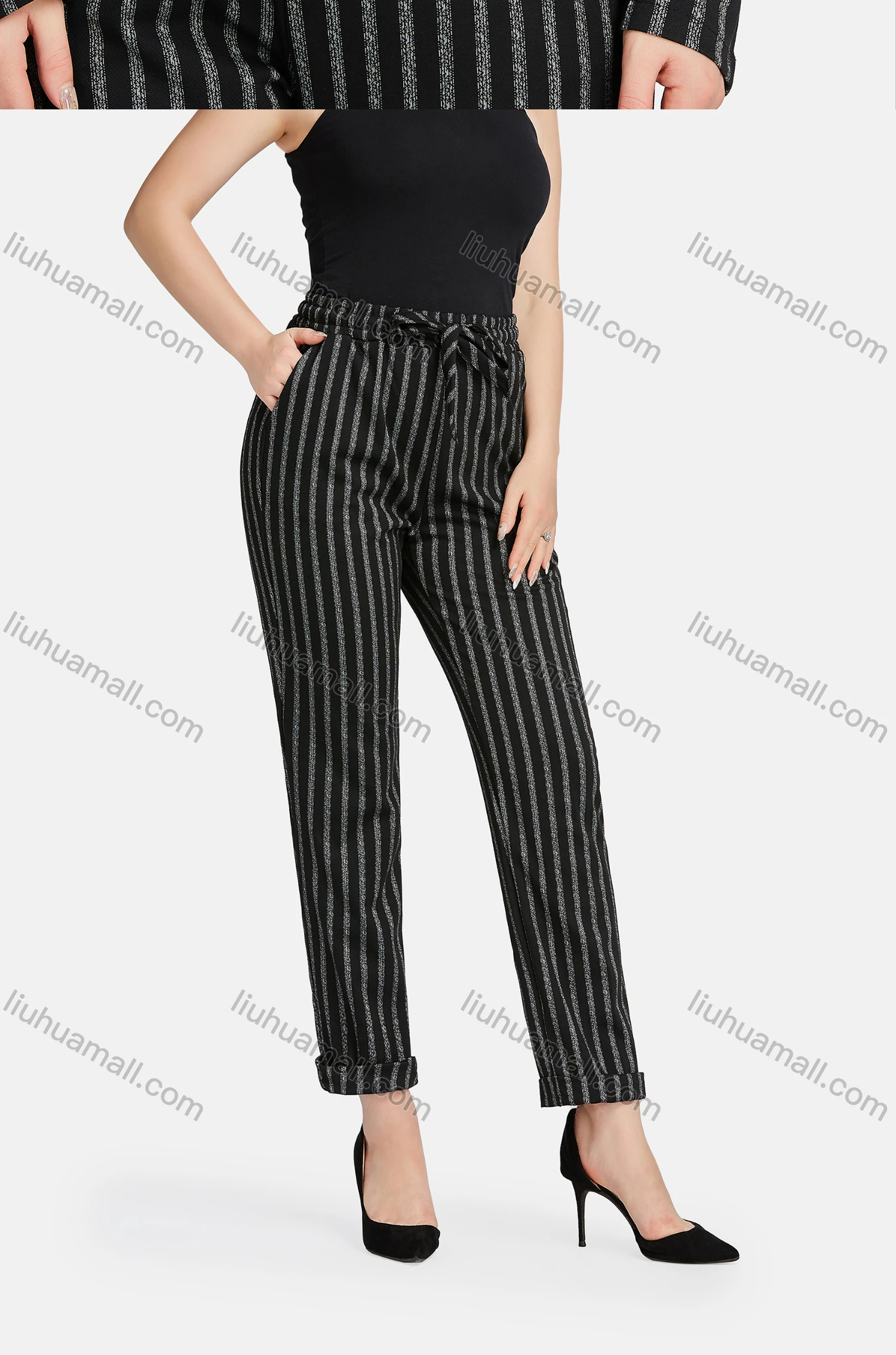 Wholesale Women's Formal Lapel Striped Tie Front Single Breasted Suit Jackets 2-piece Set - Liuhuamall