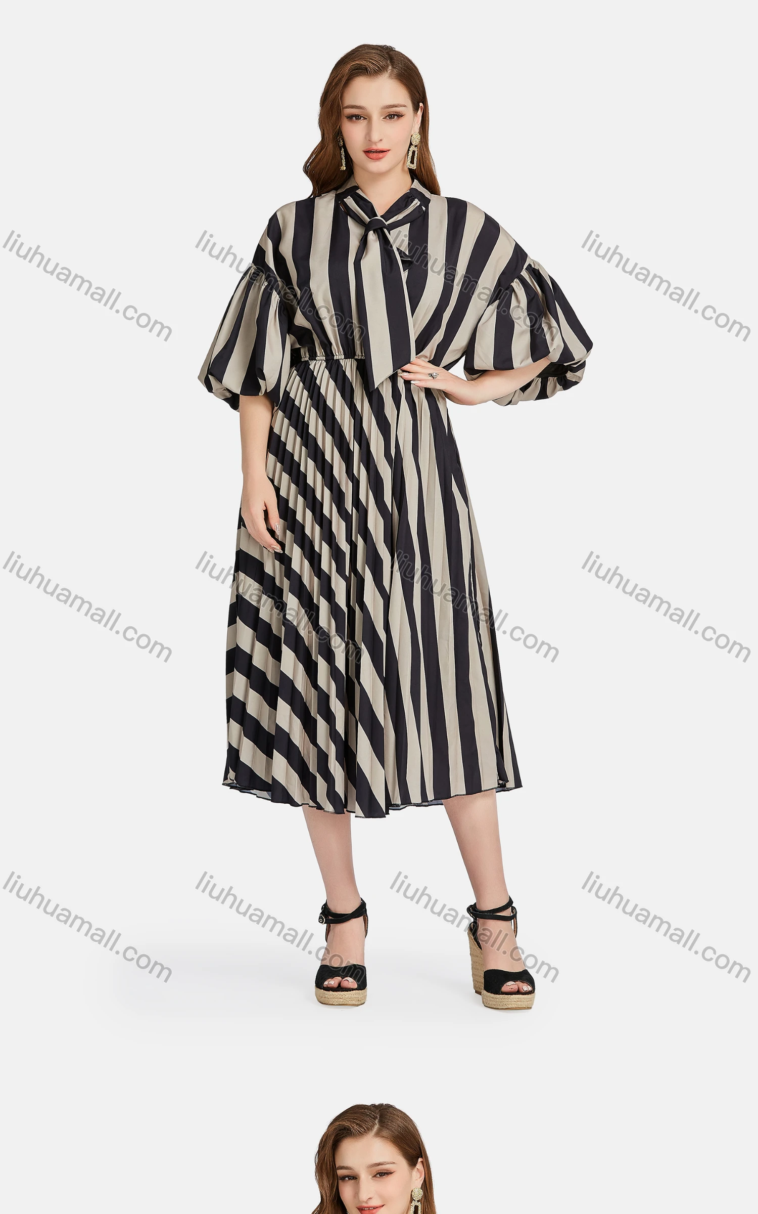 Wholesale Women's Elegant Striped Tie Neck Half Sleeve Peplum Pleated Midi Dress - Liuhuamall