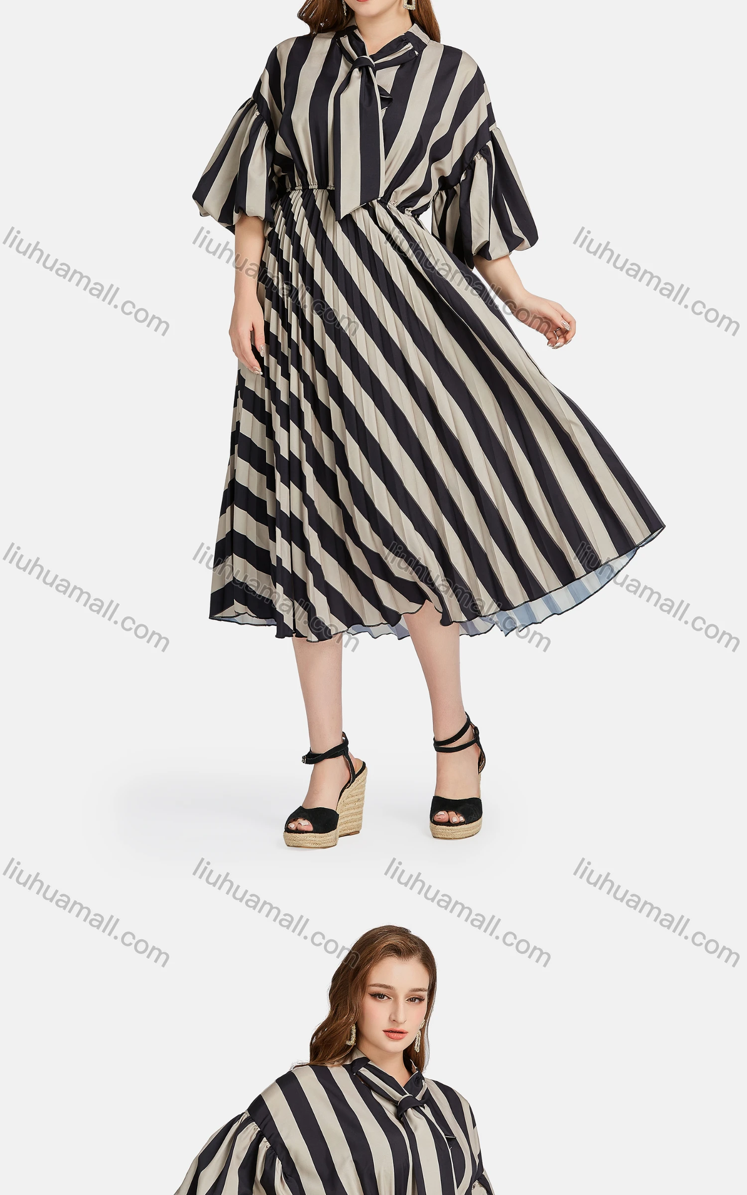 Wholesale Women's Elegant Striped Tie Neck Half Sleeve Peplum Pleated Midi Dress - Liuhuamall