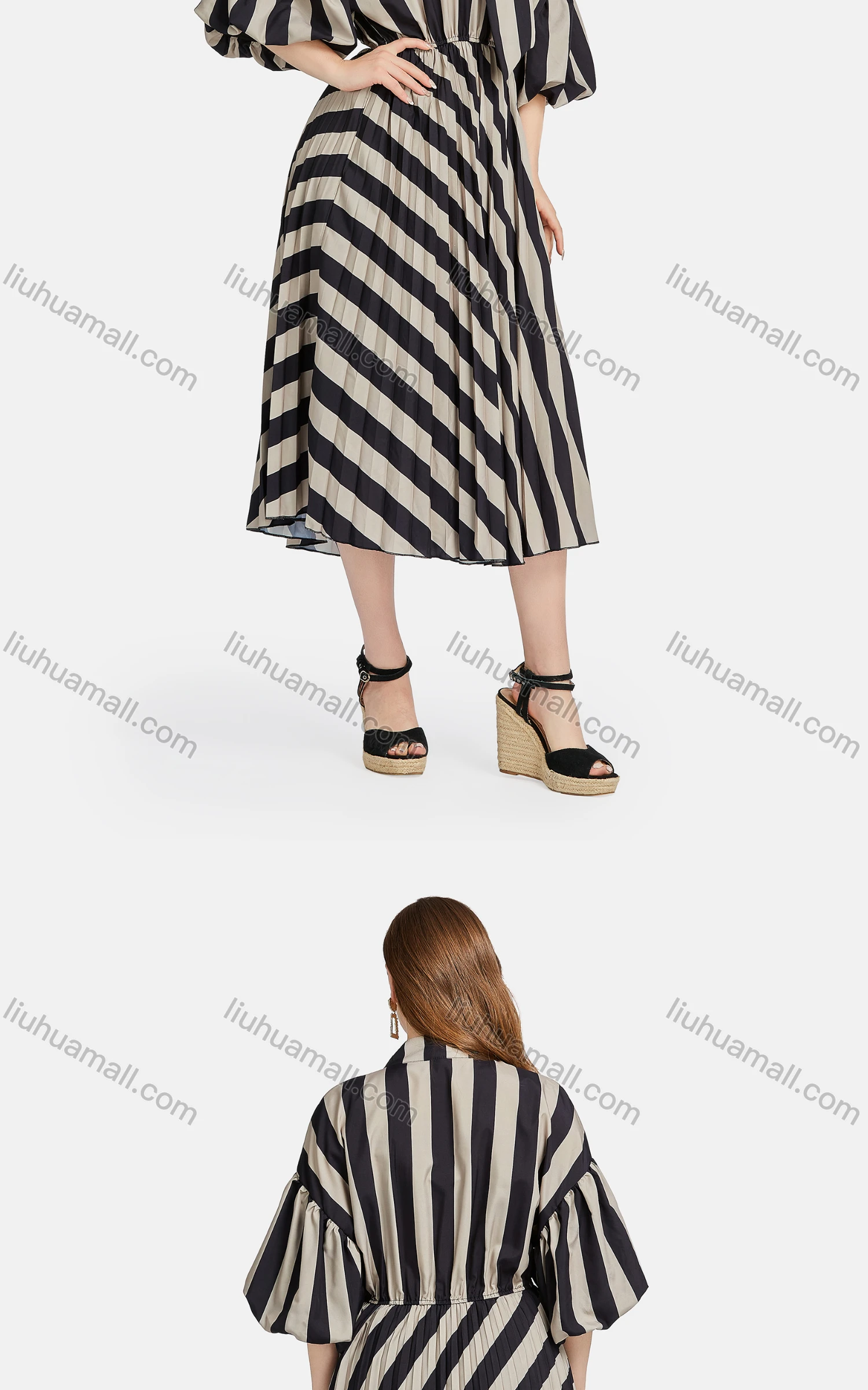 Wholesale Women's Elegant Striped Tie Neck Half Sleeve Peplum Pleated Midi Dress - Liuhuamall