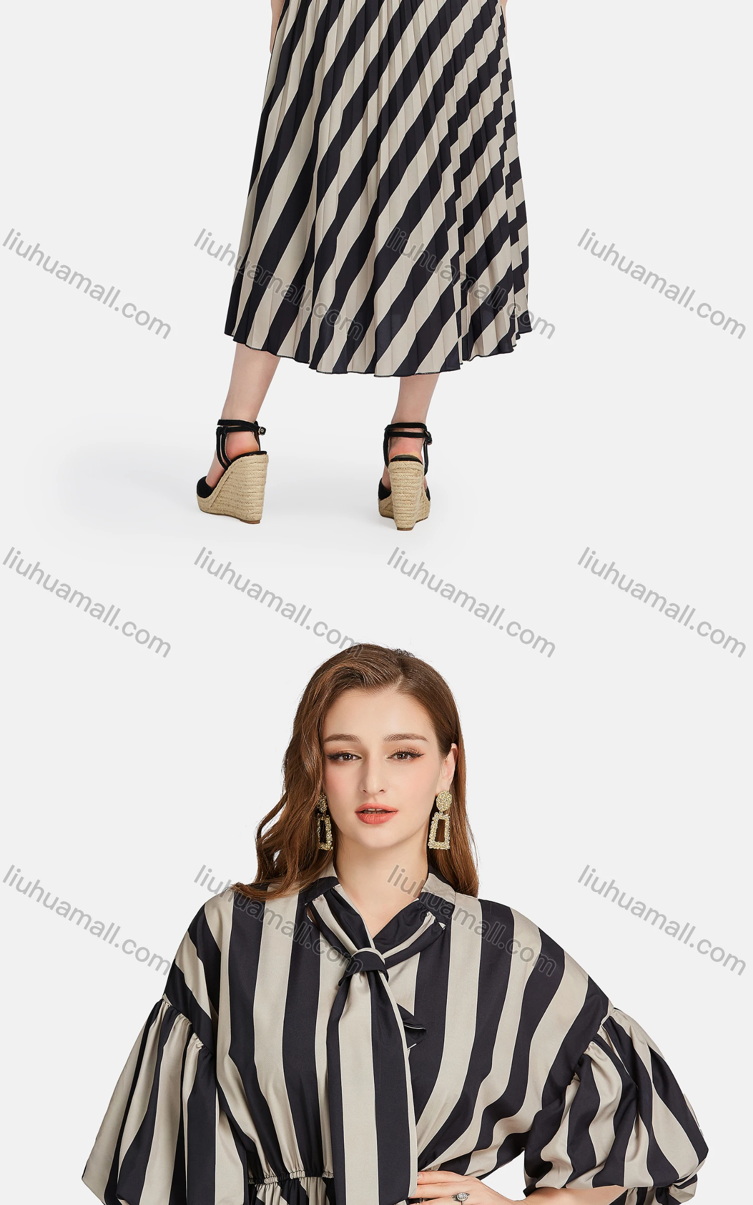 Wholesale Women's Elegant Striped Tie Neck Half Sleeve Peplum Pleated Midi Dress - Liuhuamall