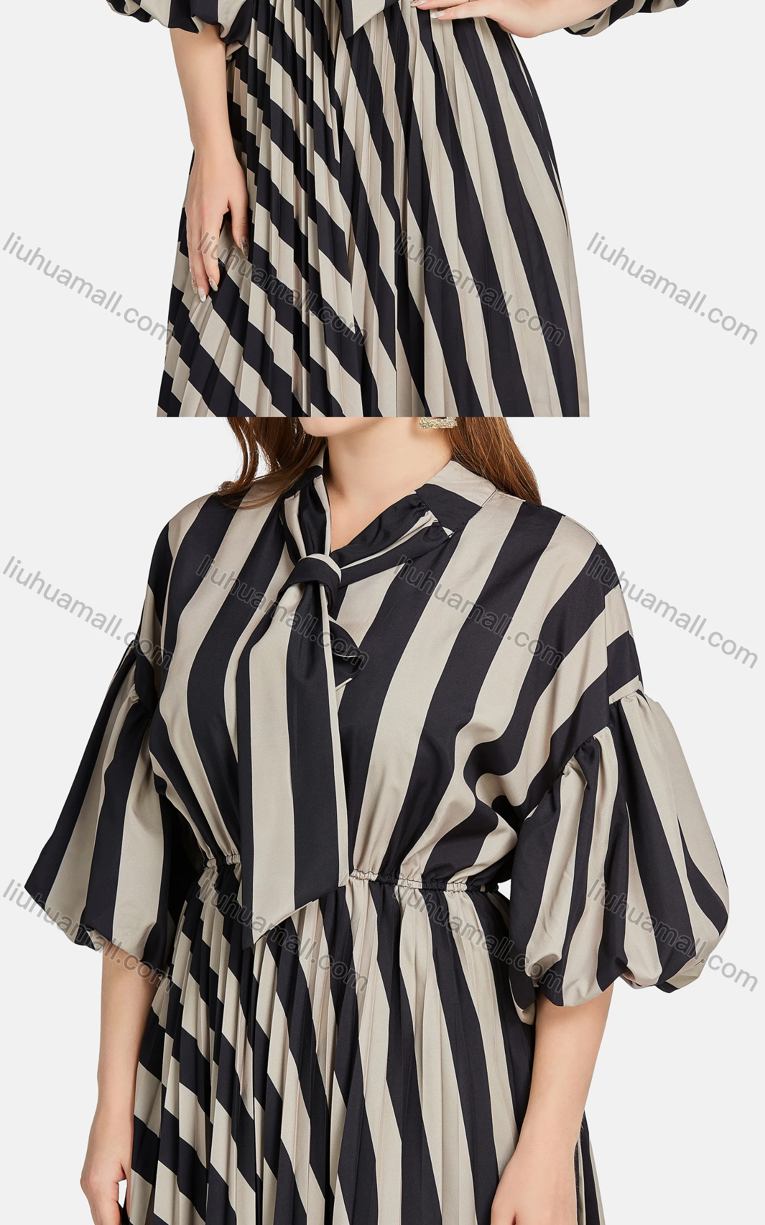 Wholesale Women's Elegant Striped Tie Neck Half Sleeve Peplum Pleated Midi Dress - Liuhuamall
