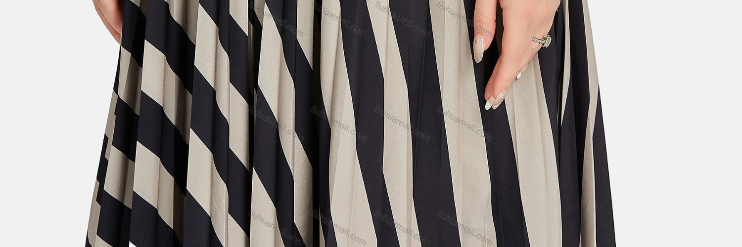 Wholesale Women's Elegant Striped Tie Neck Half Sleeve Peplum Pleated Midi Dress - Liuhuamall