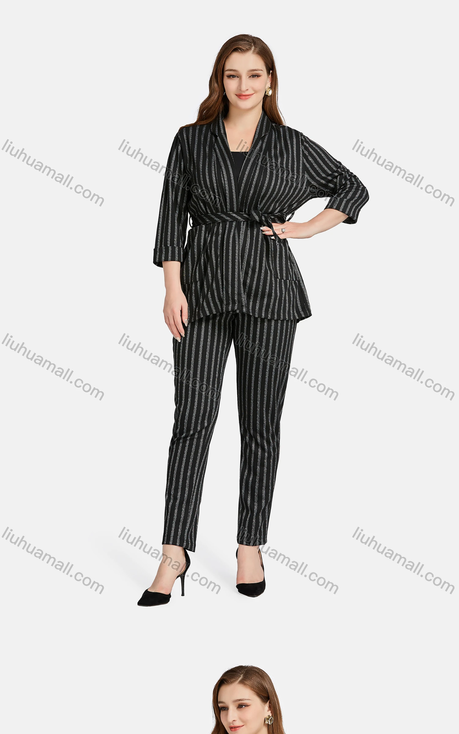 Wholesale Women's Casual Lapel Long Sleeve Tie Front Striped Cardigan 2-piece Set - Liuhuamall