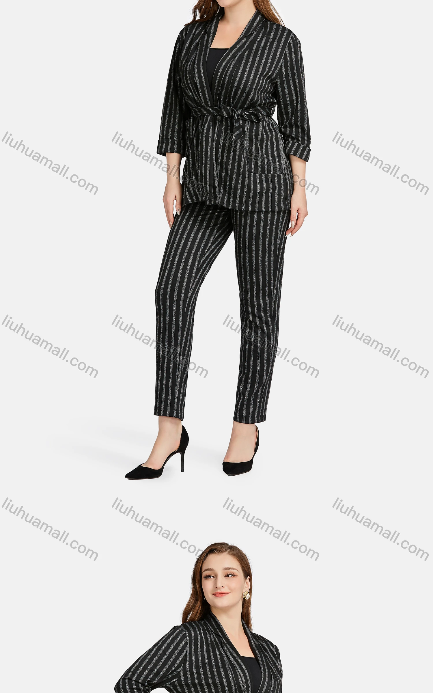 Wholesale Women's Casual Lapel Long Sleeve Tie Front Striped Cardigan 2-piece Set - Liuhuamall