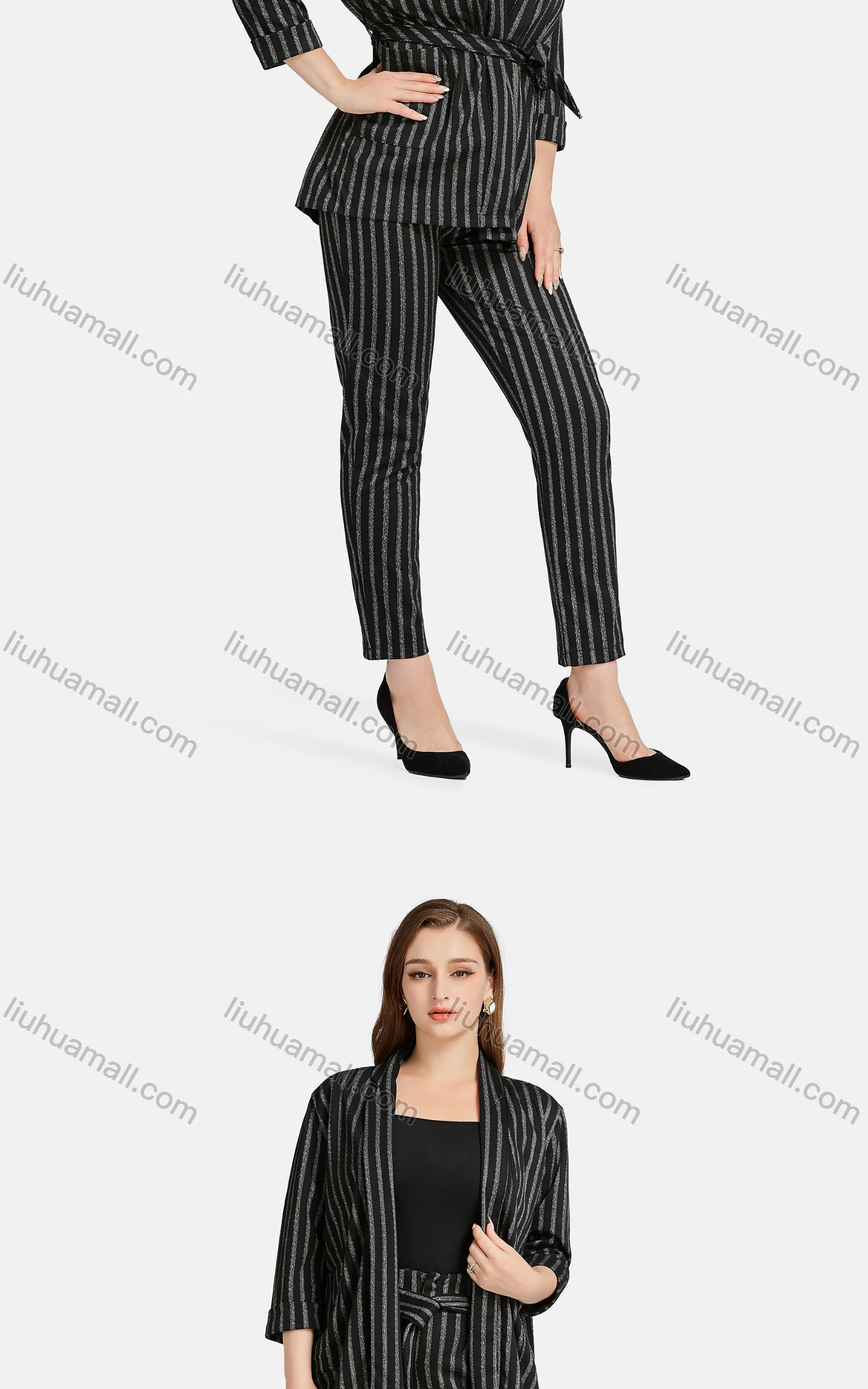 Wholesale Women's Casual Lapel Long Sleeve Tie Front Striped Cardigan 2-piece Set - Liuhuamall