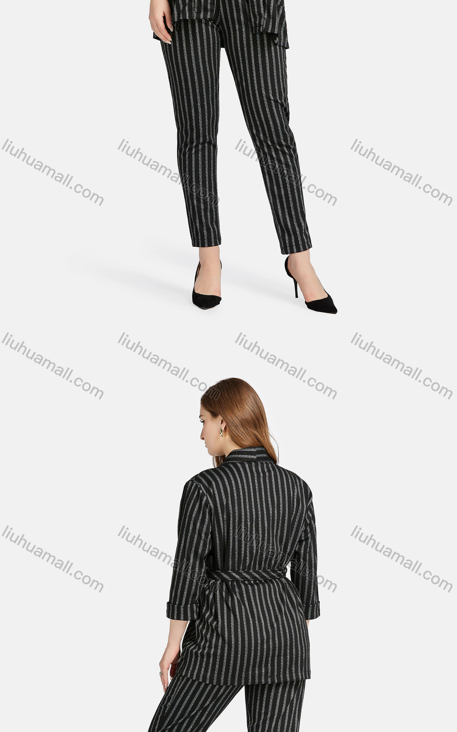 Wholesale Women's Casual Lapel Long Sleeve Tie Front Striped Cardigan 2-piece Set - Liuhuamall