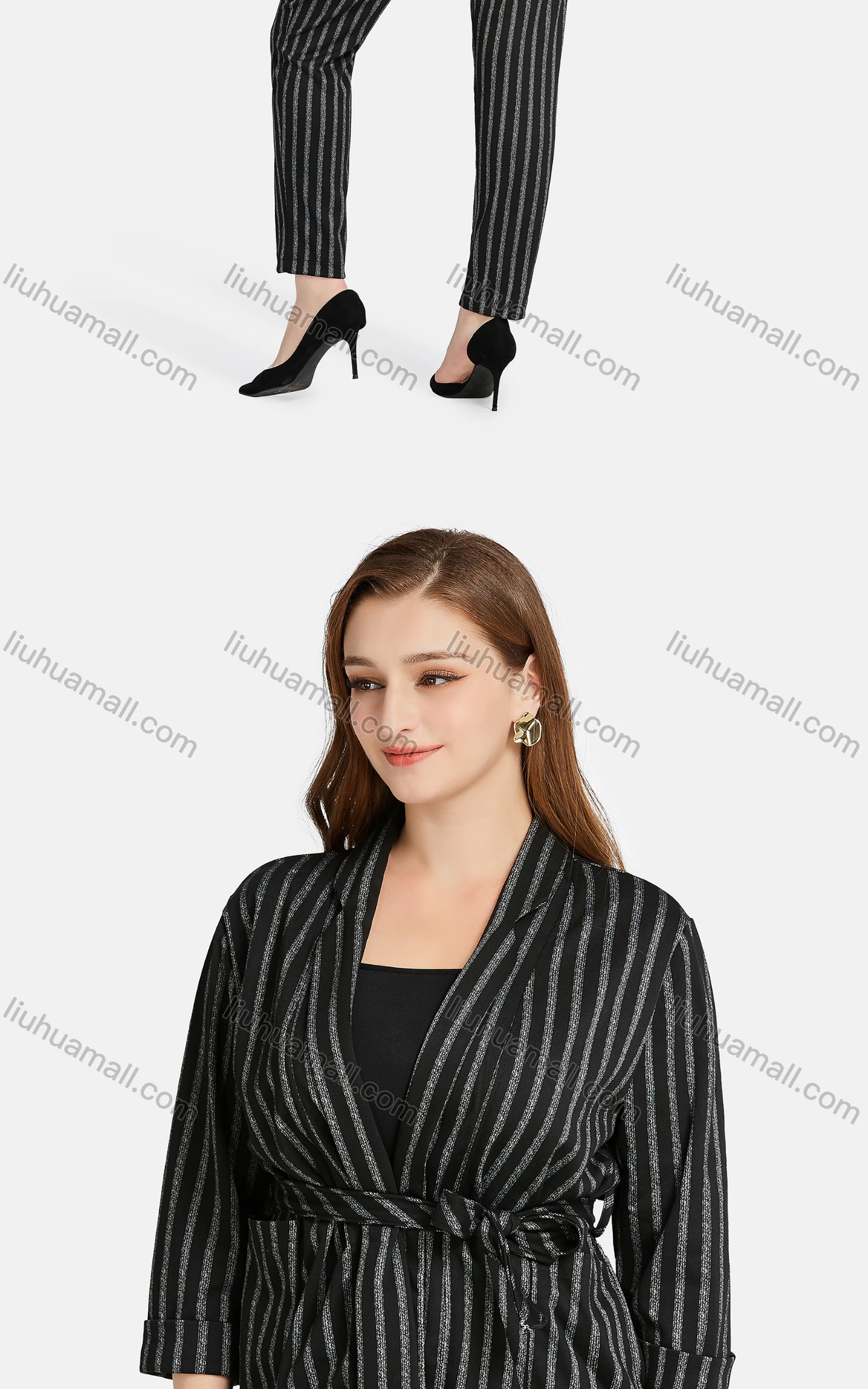 Wholesale Women's Casual Lapel Long Sleeve Tie Front Striped Cardigan 2-piece Set - Liuhuamall