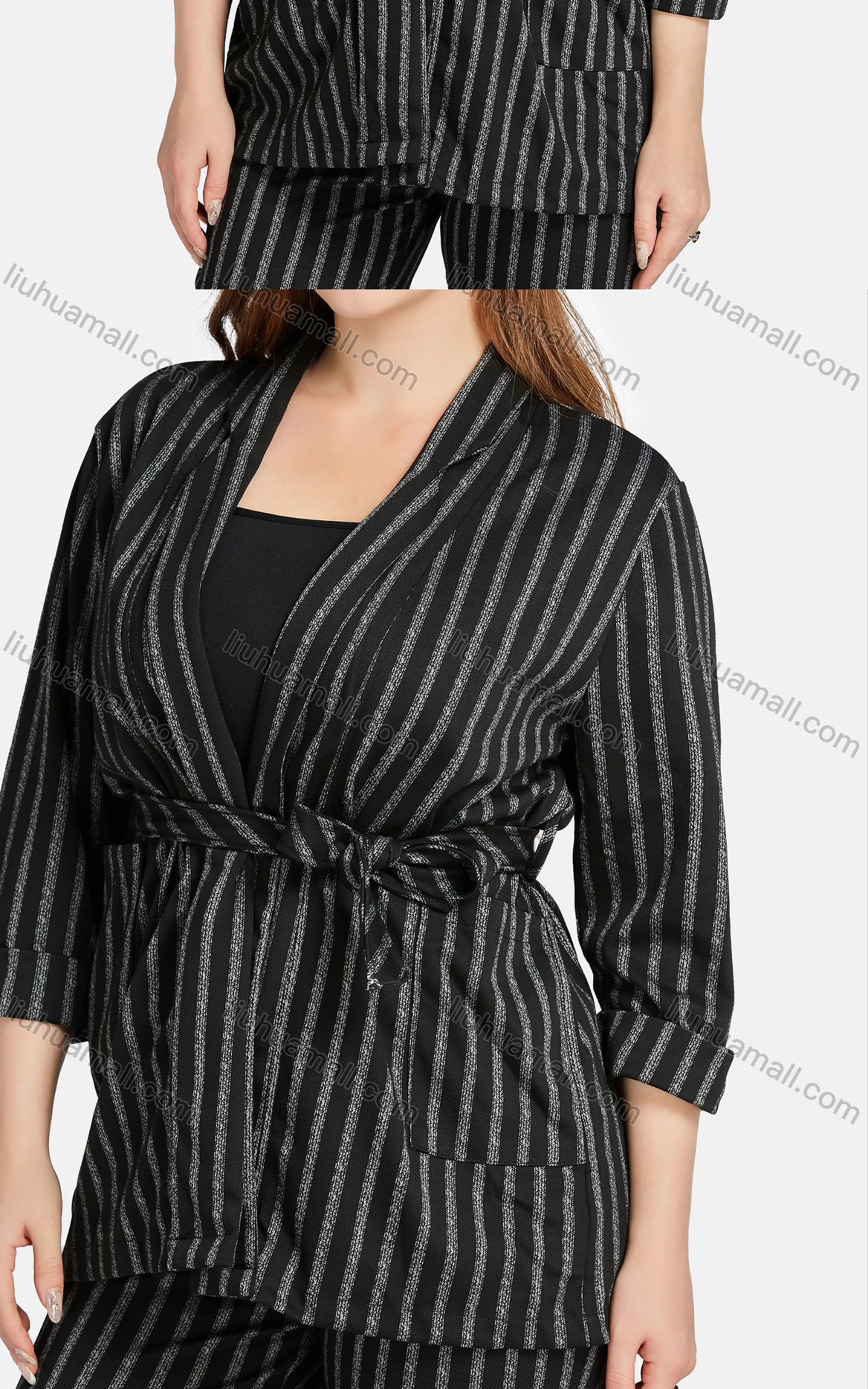 Wholesale Women's Casual Lapel Long Sleeve Tie Front Striped Cardigan 2-piece Set - Liuhuamall