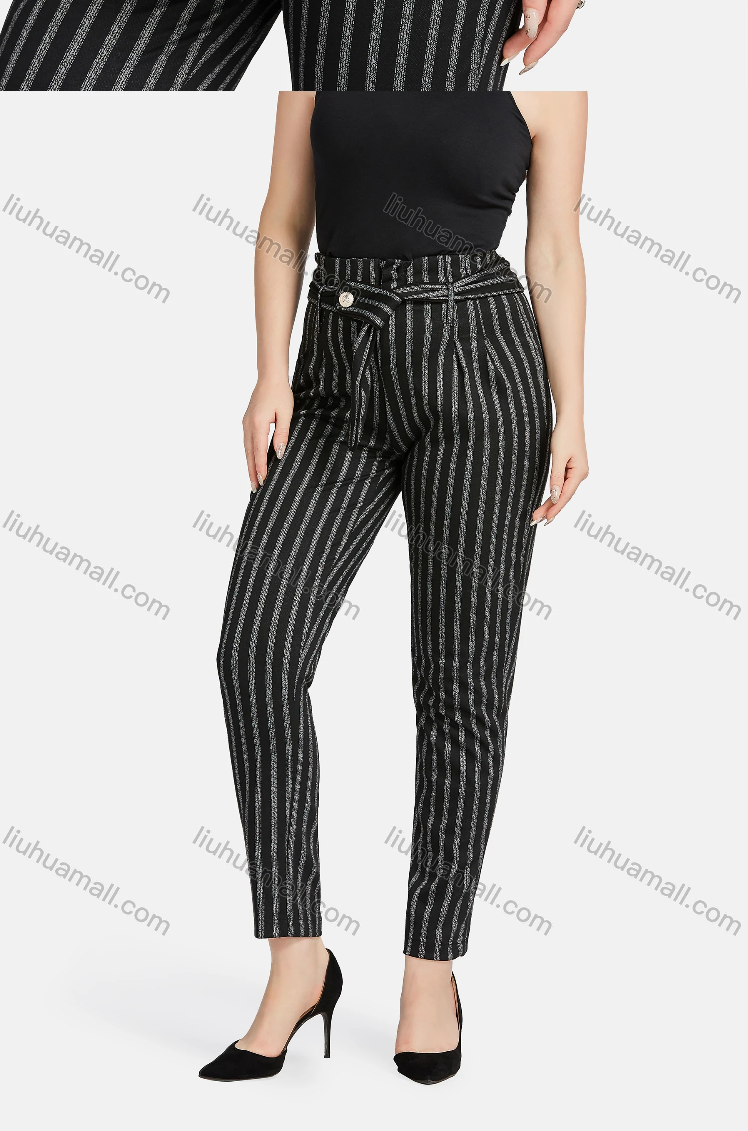 Wholesale Women's Casual Lapel Long Sleeve Tie Front Striped Cardigan 2-piece Set - Liuhuamall