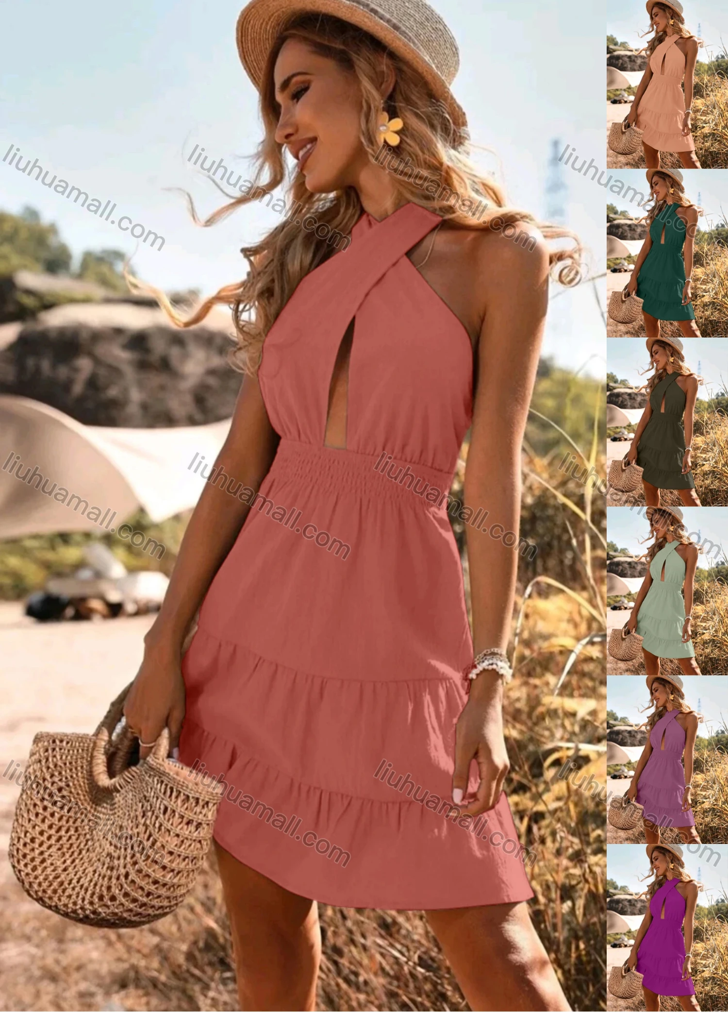 Wholesale Women's Sexy Crossover Plain Cut Out Backless Ruched High Waist Short Halter Dress - Liuhuamall