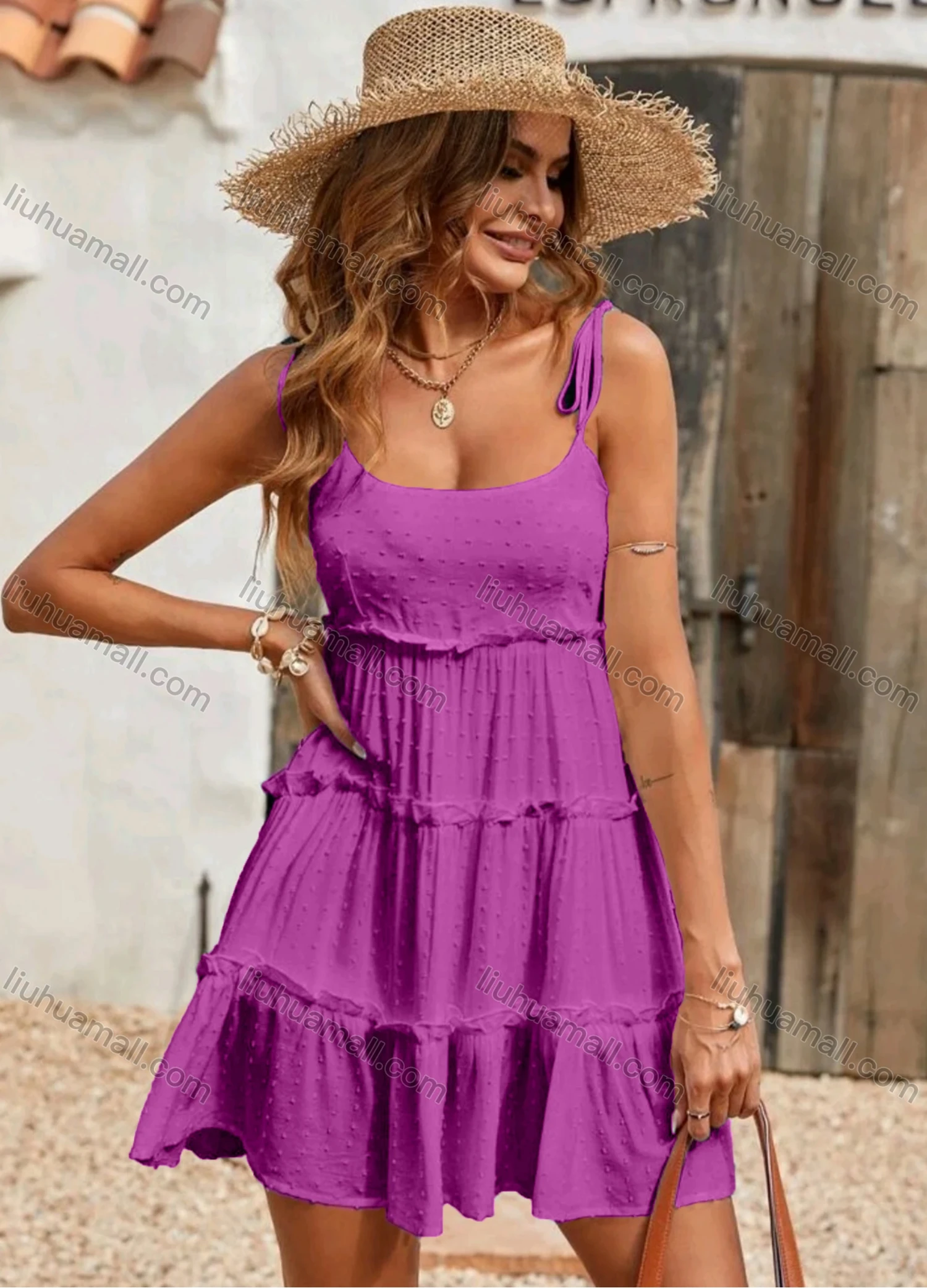 Wholesale Women's Sexy Plain Swiss Dot Ruffle Trim Shirred Backless Ruffle Hem Short Cami Dress - Liuhuamall