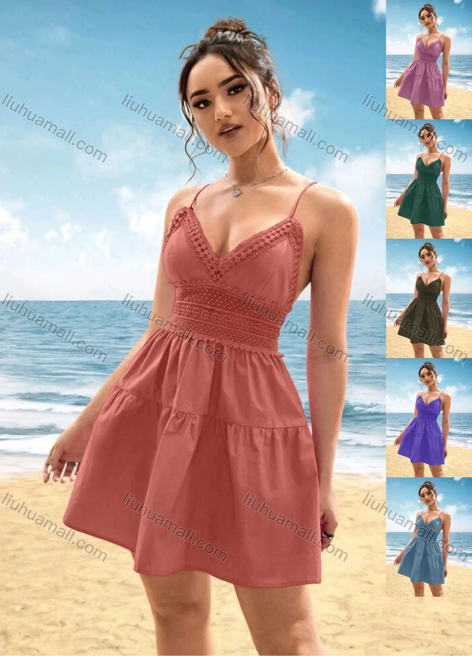 Wholesale Women's Sexy Plain Embroidery Lace Deep V Neck Spaghetti Straps Crisscros Lace Up Short Cami Dress - Liuhuamall