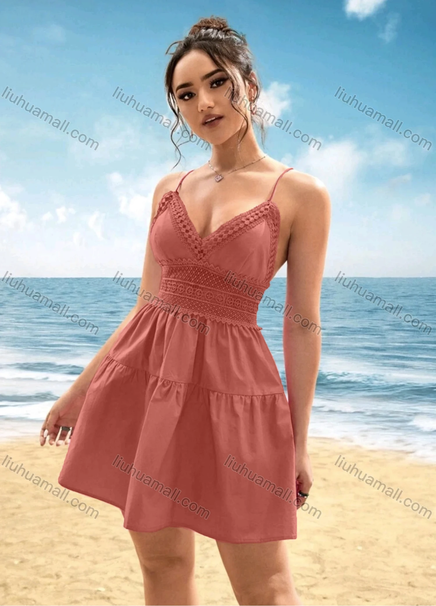 Wholesale Women's Sexy Plain Embroidery Lace Deep V Neck Spaghetti Straps Crisscros Lace Up Short Cami Dress - Liuhuamall