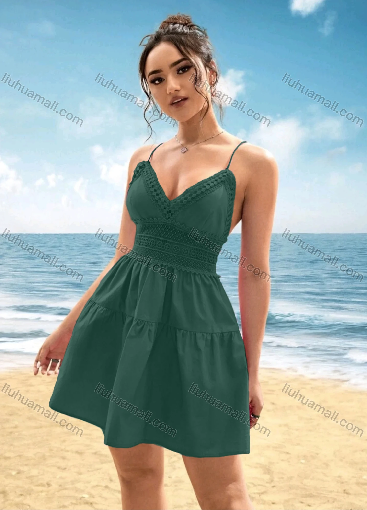 Wholesale Women's Sexy Plain Embroidery Lace Deep V Neck Spaghetti Straps Crisscros Lace Up Short Cami Dress - Liuhuamall