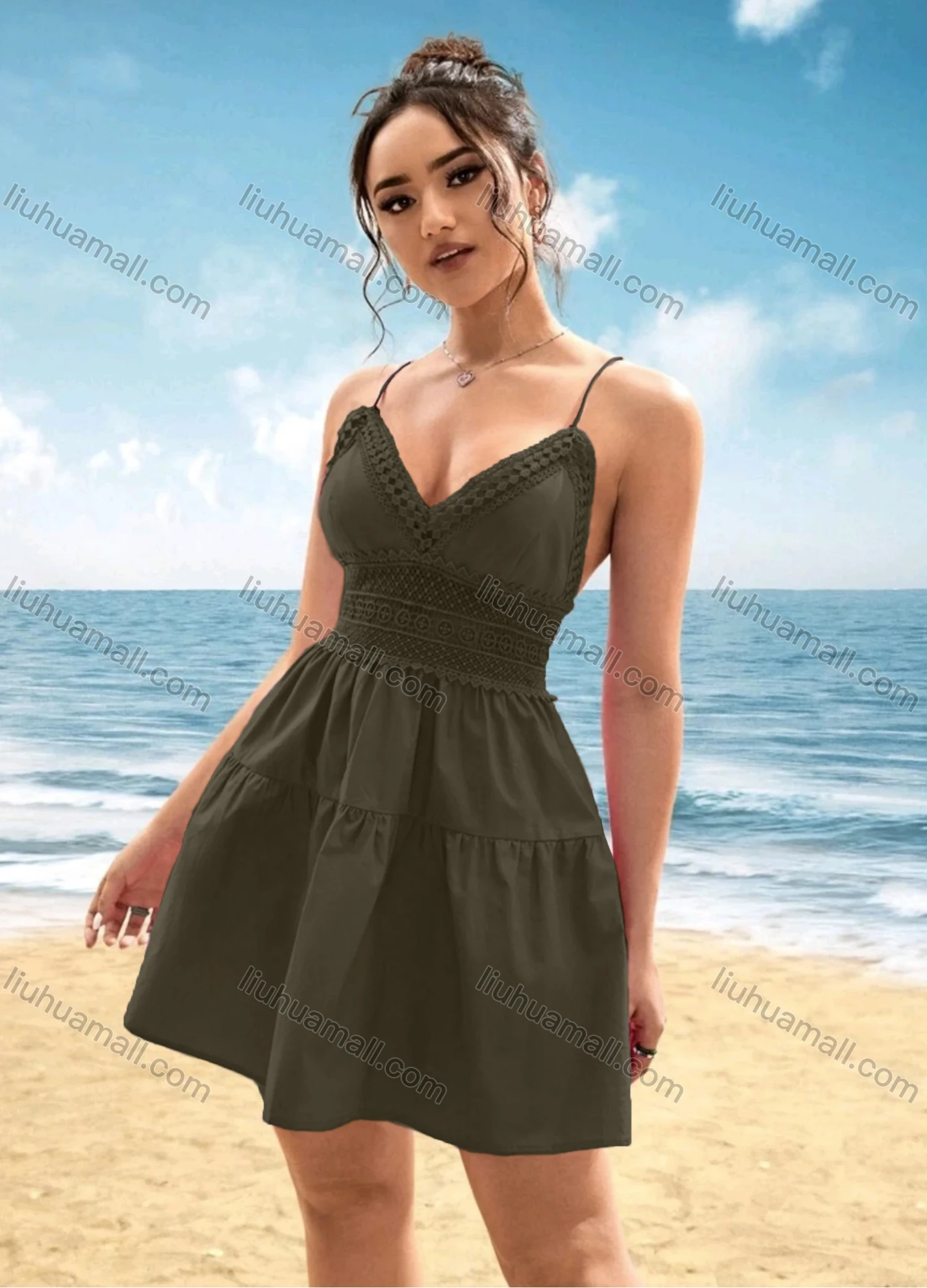 Wholesale Women's Sexy Plain Embroidery Lace Deep V Neck Spaghetti Straps Crisscros Lace Up Short Cami Dress - Liuhuamall