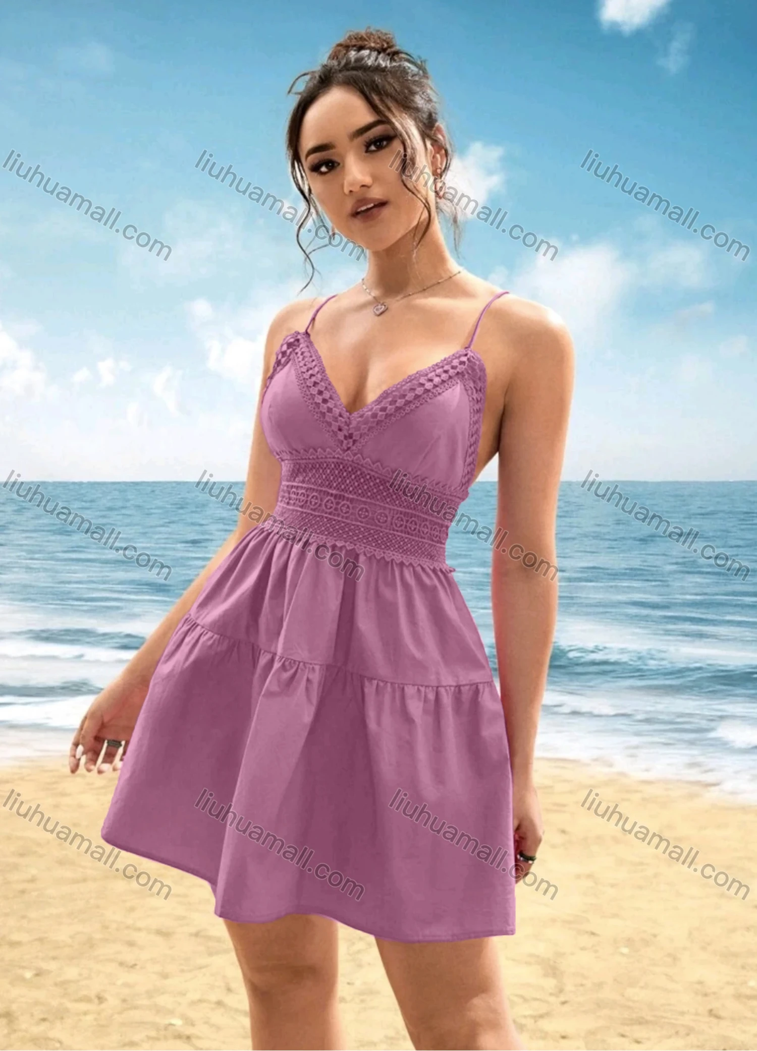 Wholesale Women's Sexy Plain Embroidery Lace Deep V Neck Spaghetti Straps Crisscros Lace Up Short Cami Dress - Liuhuamall