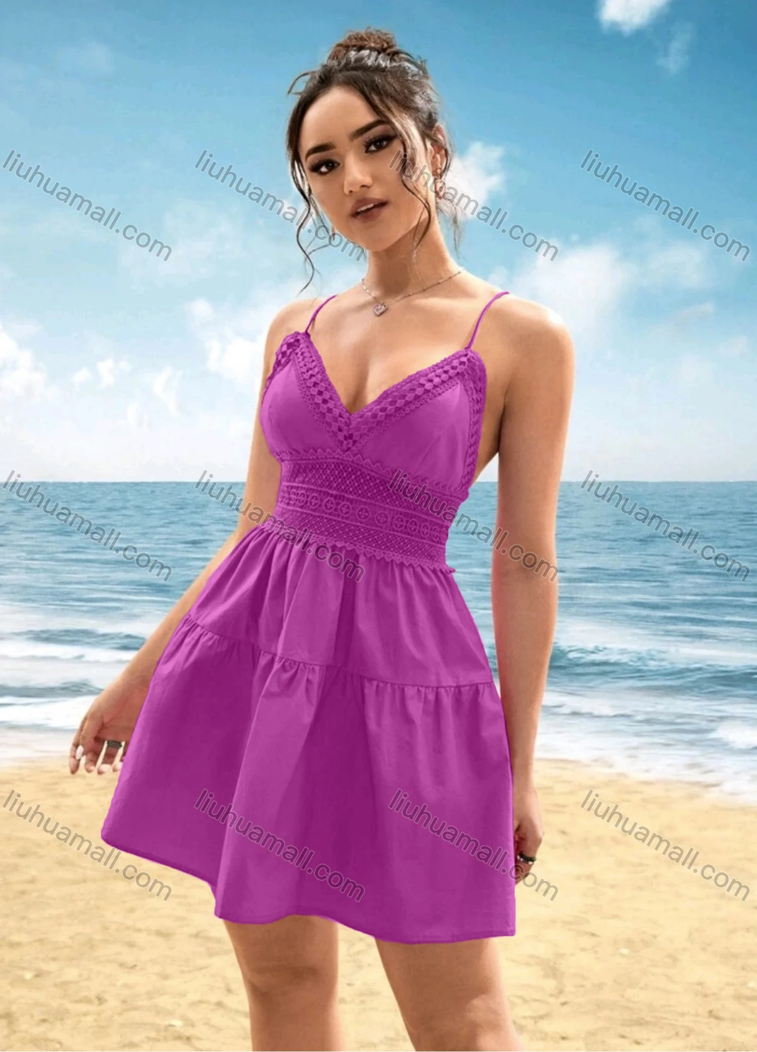 Wholesale Women's Sexy Plain Embroidery Lace Deep V Neck Spaghetti Straps Crisscros Lace Up Short Cami Dress - Liuhuamall