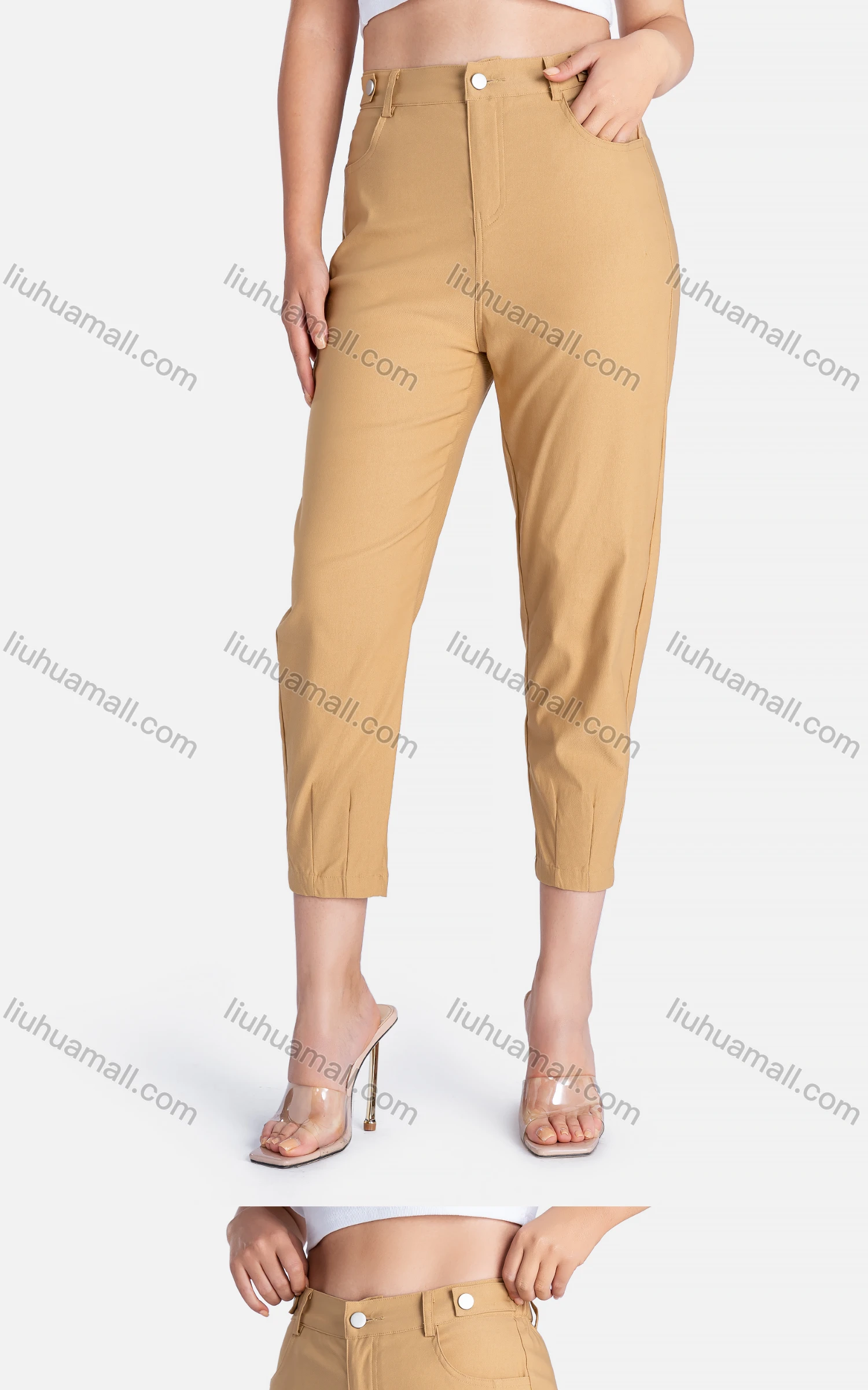 Wholesale Women's Casual Slim Fit Pockets Plain High Waist Cropped Pants - Liuhuamall
