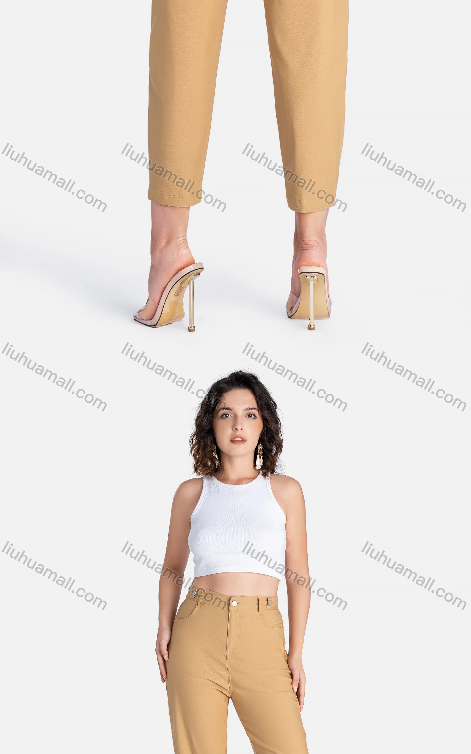 Wholesale Women's Casual Slim Fit Pockets Plain High Waist Cropped Pants - Liuhuamall