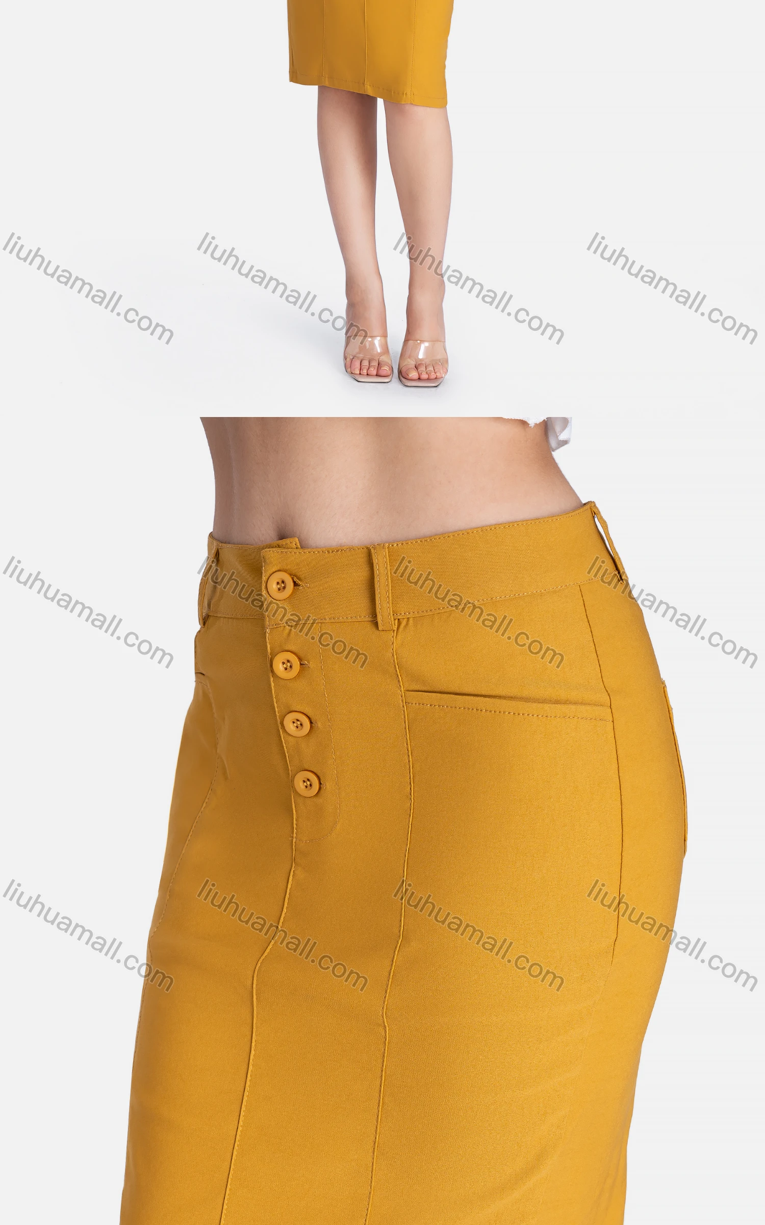 Wholesale Women's Business Pockets Plain High Waist Button Front Pencil Skirts - Liuhuamall