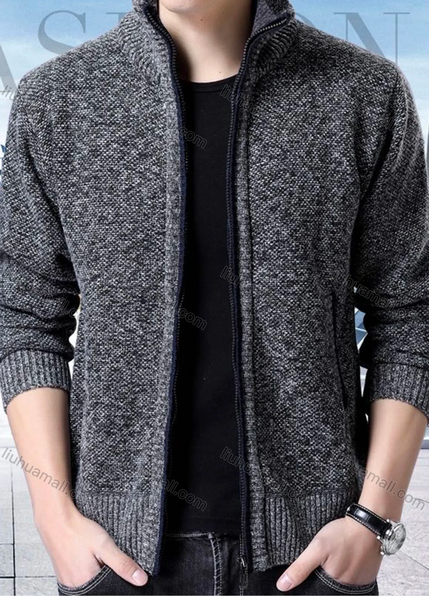 Wholesale Men's Casual Stand Collar Long Sleeve Zip Sweater Knitted Jacket - Liuhuamall