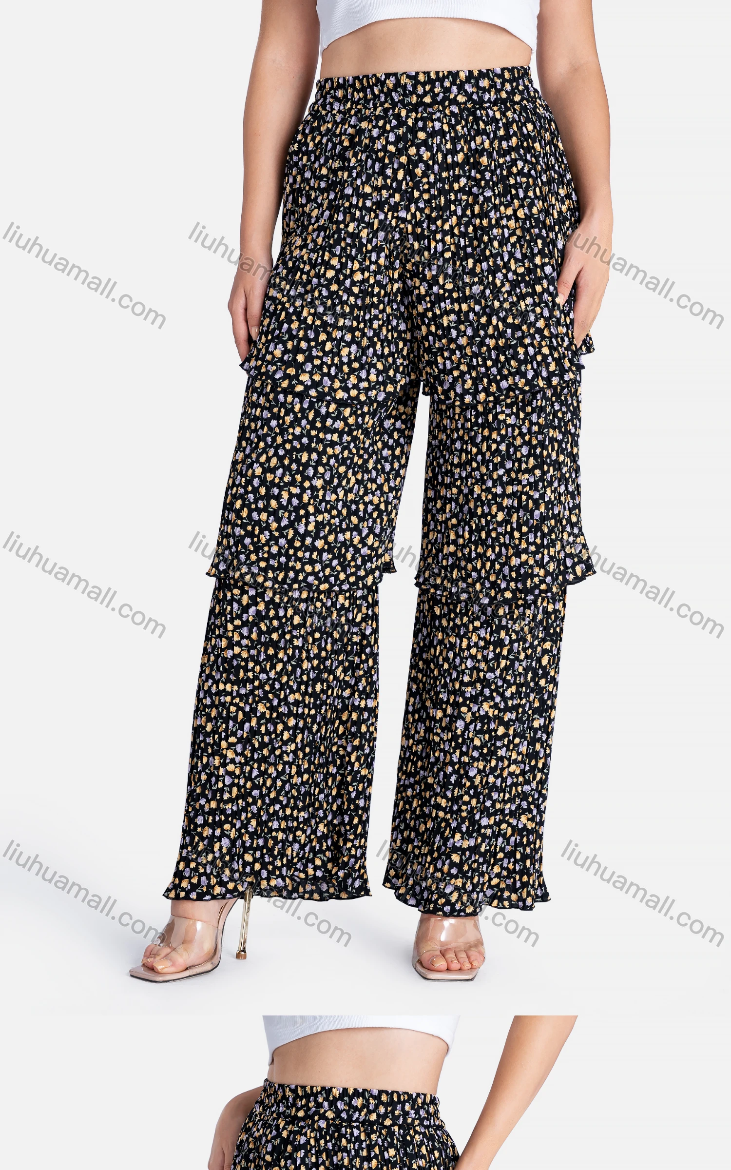 Wholesale Women's Casual Elastic Waist Floral High Waist Pleated Tiered Wide Leg Pants - Liuhuamall