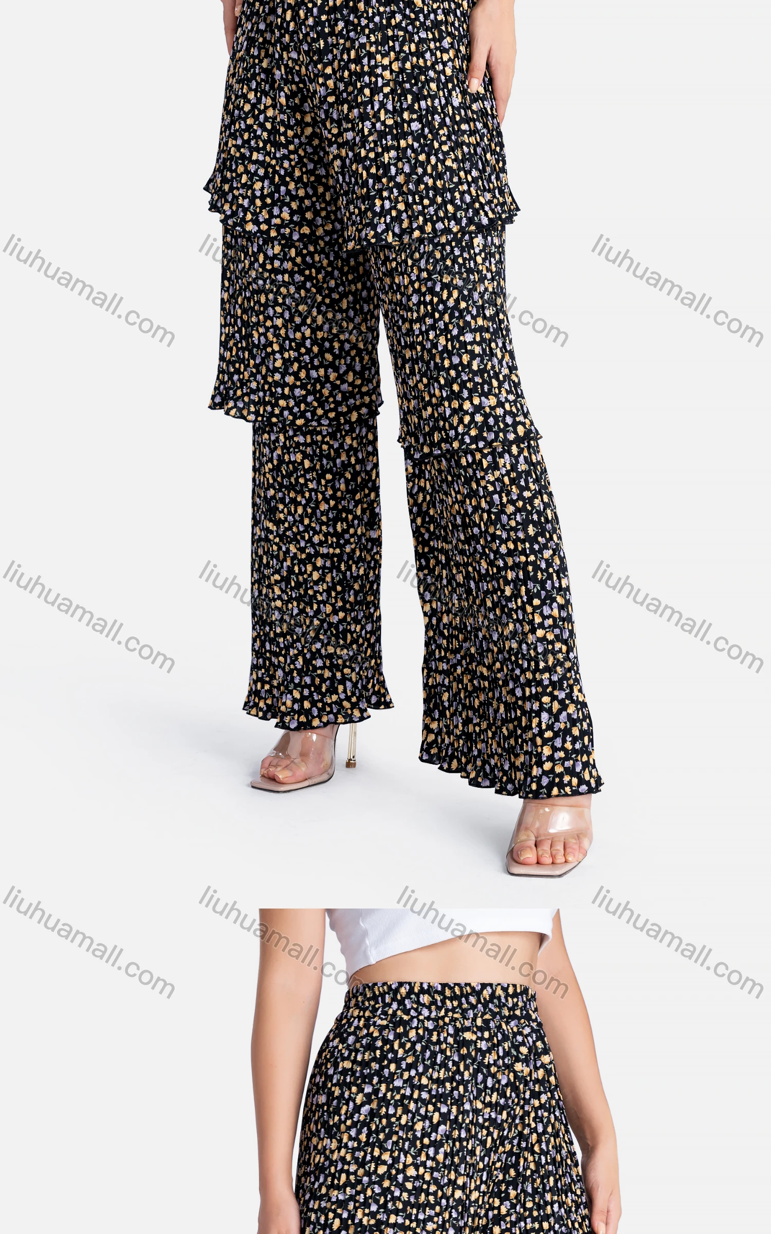 Wholesale Women's Casual Elastic Waist Floral High Waist Pleated Tiered Wide Leg Pants - Liuhuamall