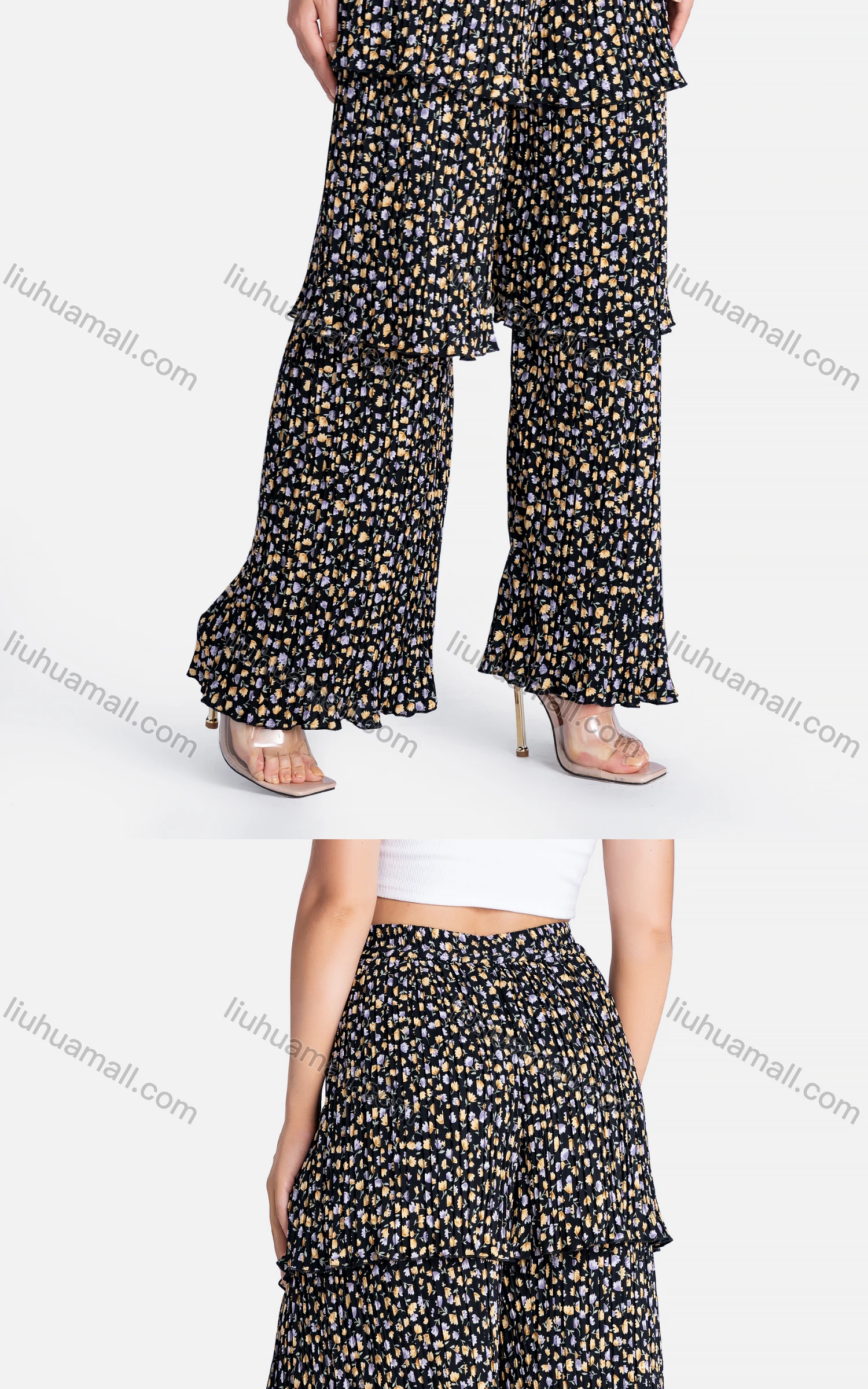 Wholesale Women's Casual Elastic Waist Floral High Waist Pleated Tiered Wide Leg Pants - Liuhuamall