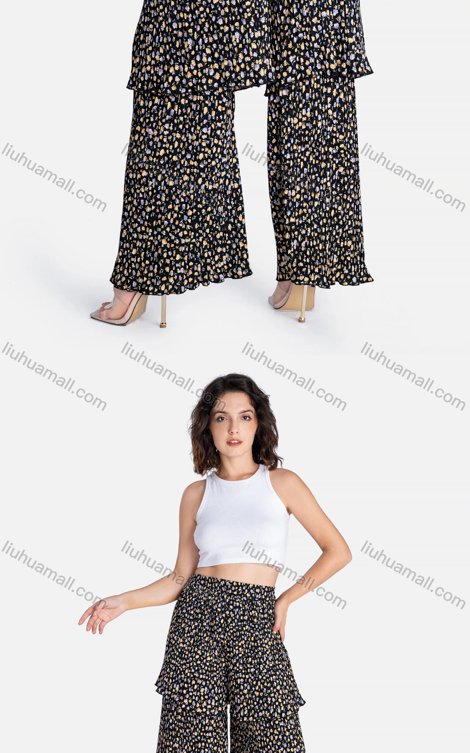 Wholesale Women's Casual Elastic Waist Floral High Waist Pleated Tiered Wide Leg Pants - Liuhuamall