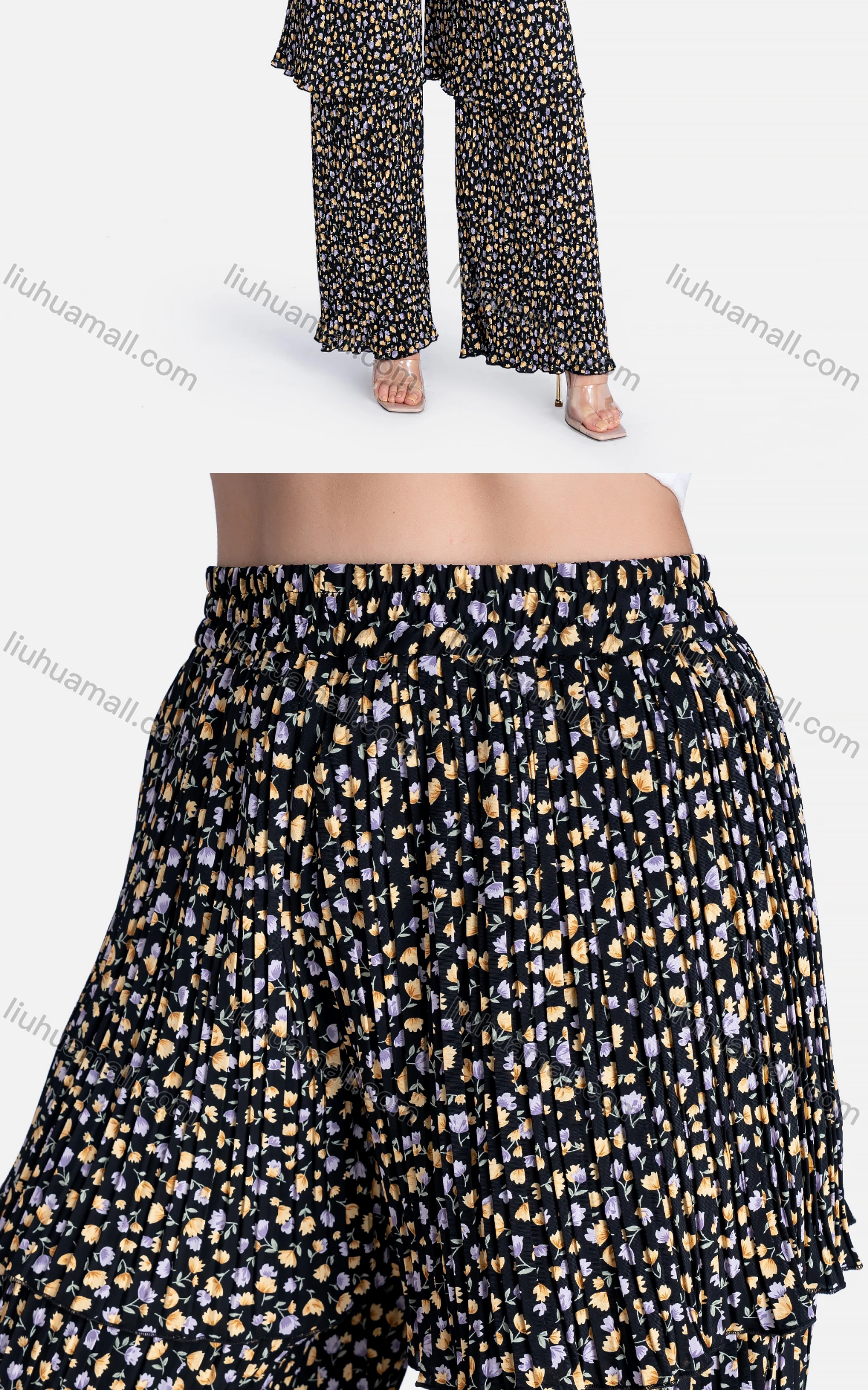 Wholesale Women's Casual Elastic Waist Floral High Waist Pleated Tiered Wide Leg Pants - Liuhuamall