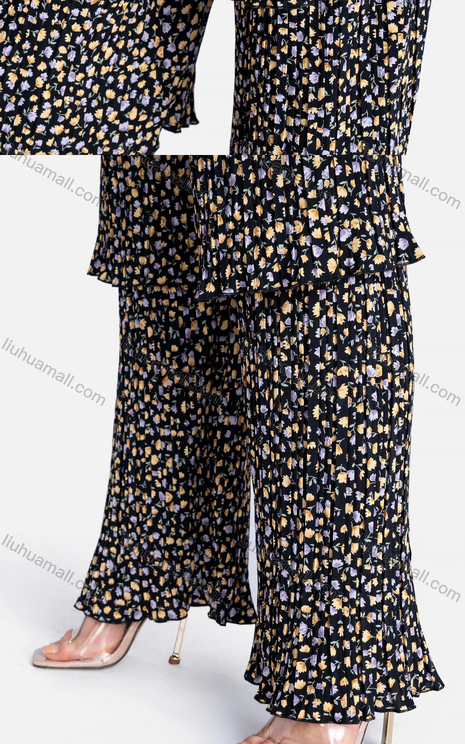 Wholesale Women's Casual Elastic Waist Floral High Waist Pleated Tiered Wide Leg Pants - Liuhuamall