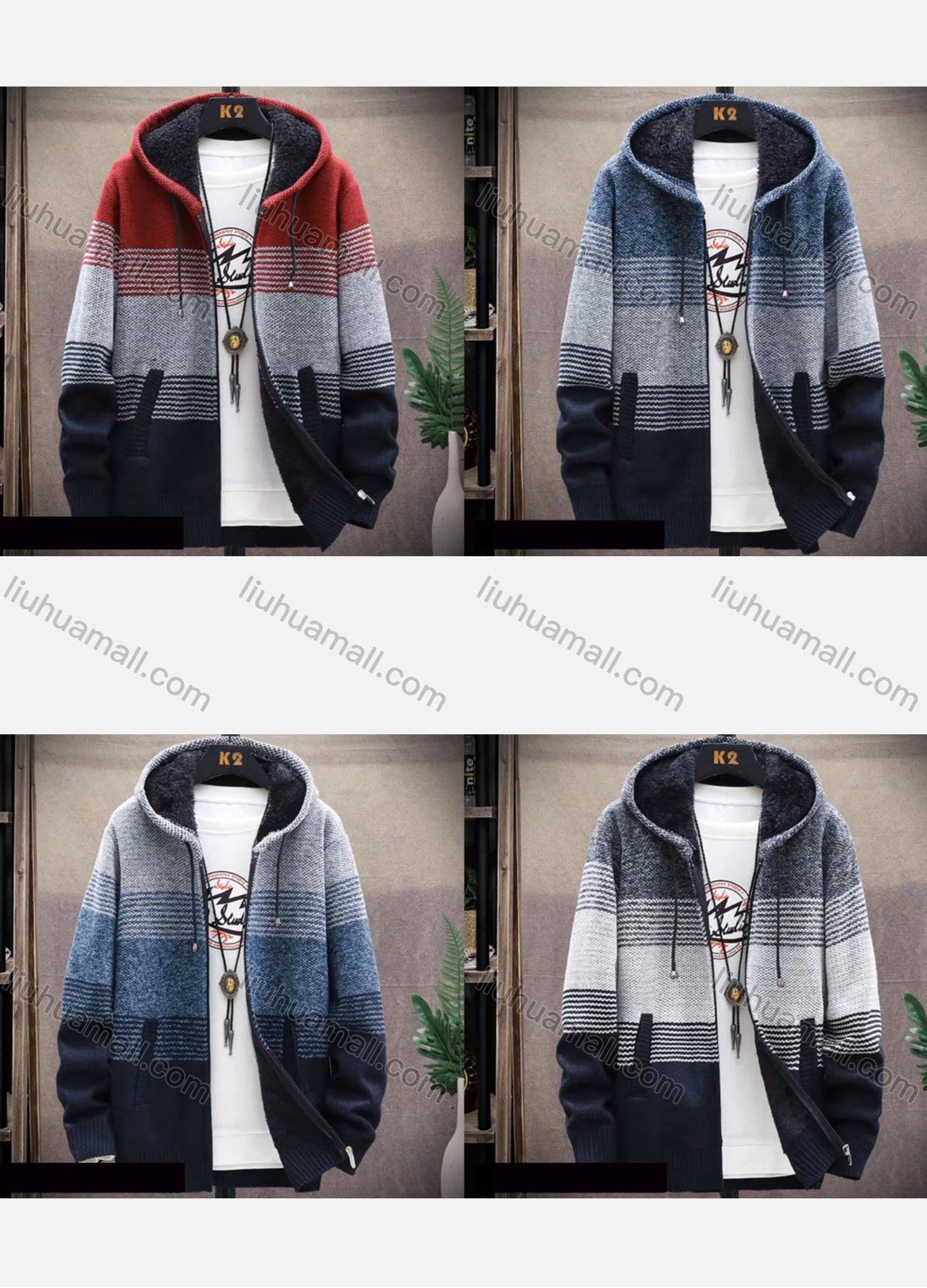 Wholesale Men's Casual Striped Drawstring Long Sleeve Zip Hooded Fleece Sweater Jacket - Liuhuamall