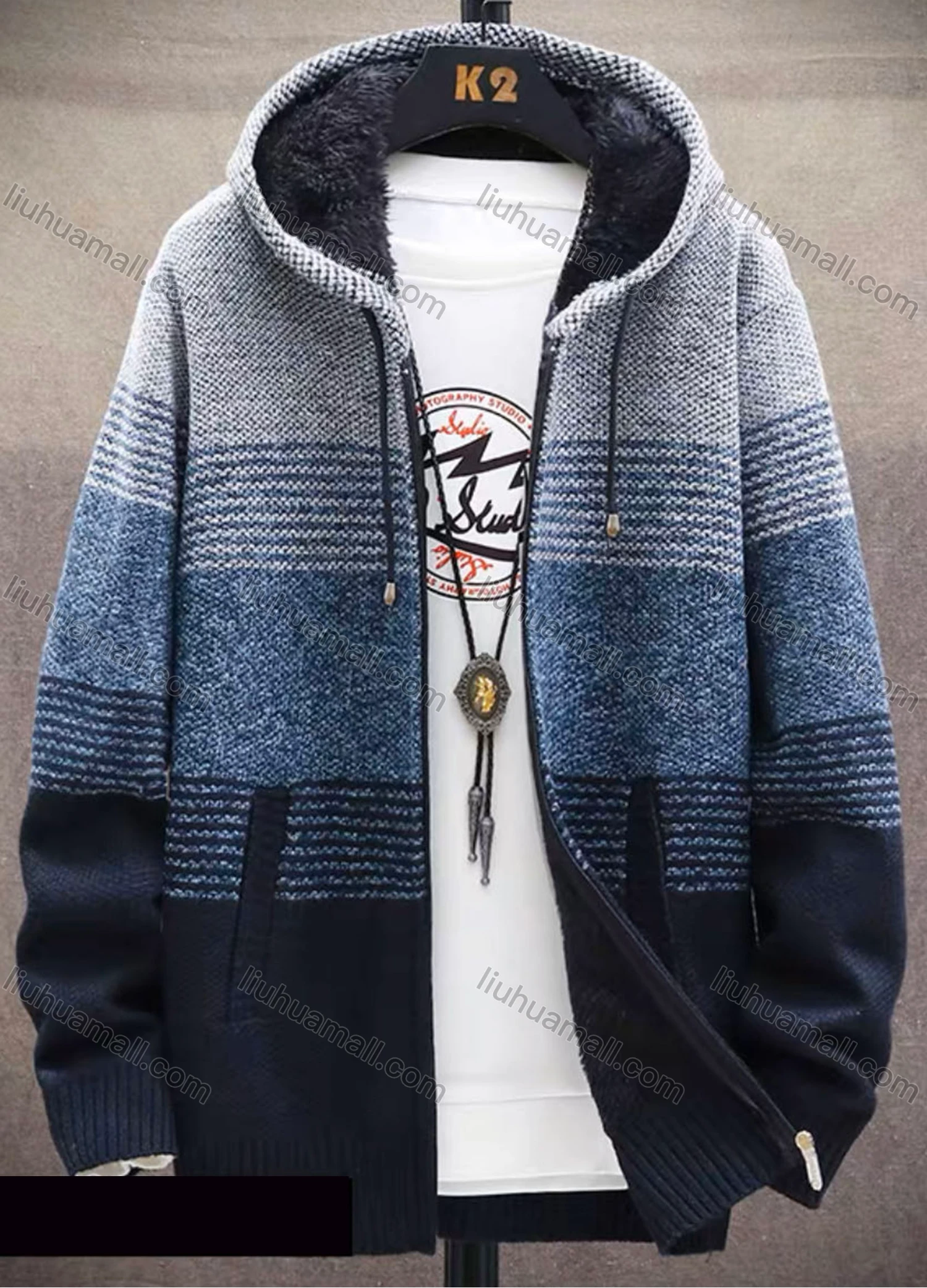 Wholesale Men's Casual Striped Drawstring Long Sleeve Zip Hooded Fleece Sweater Jacket - Liuhuamall