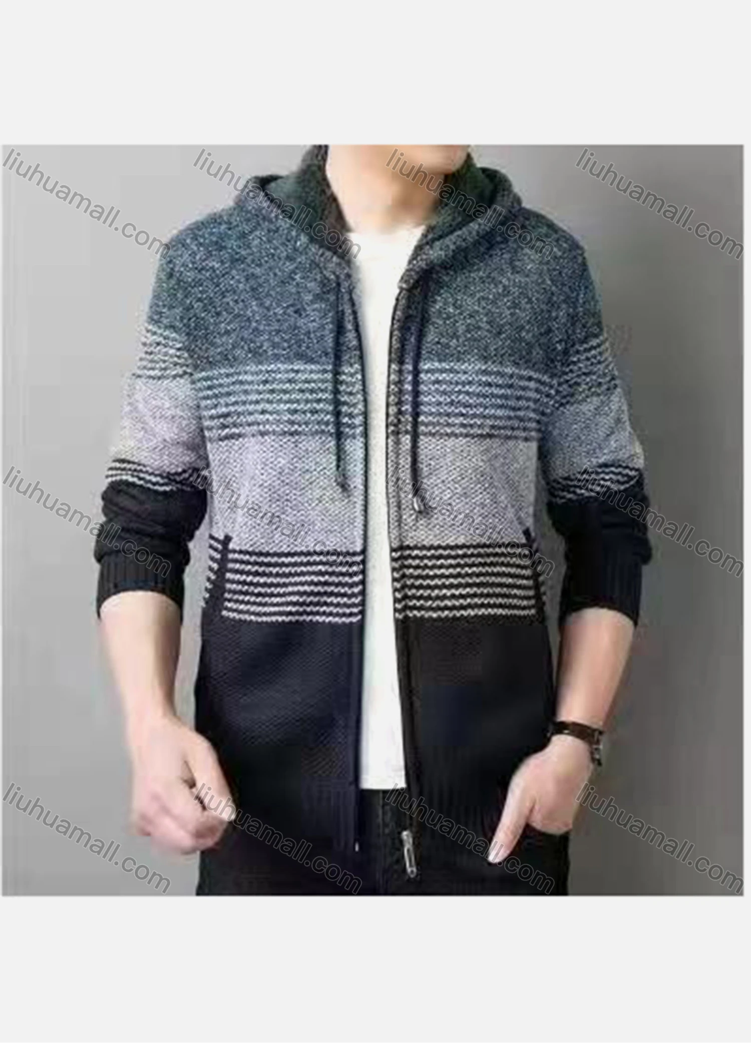 Wholesale Men's Casual Striped Drawstring Long Sleeve Zip Hooded Fleece Sweater Jacket - Liuhuamall
