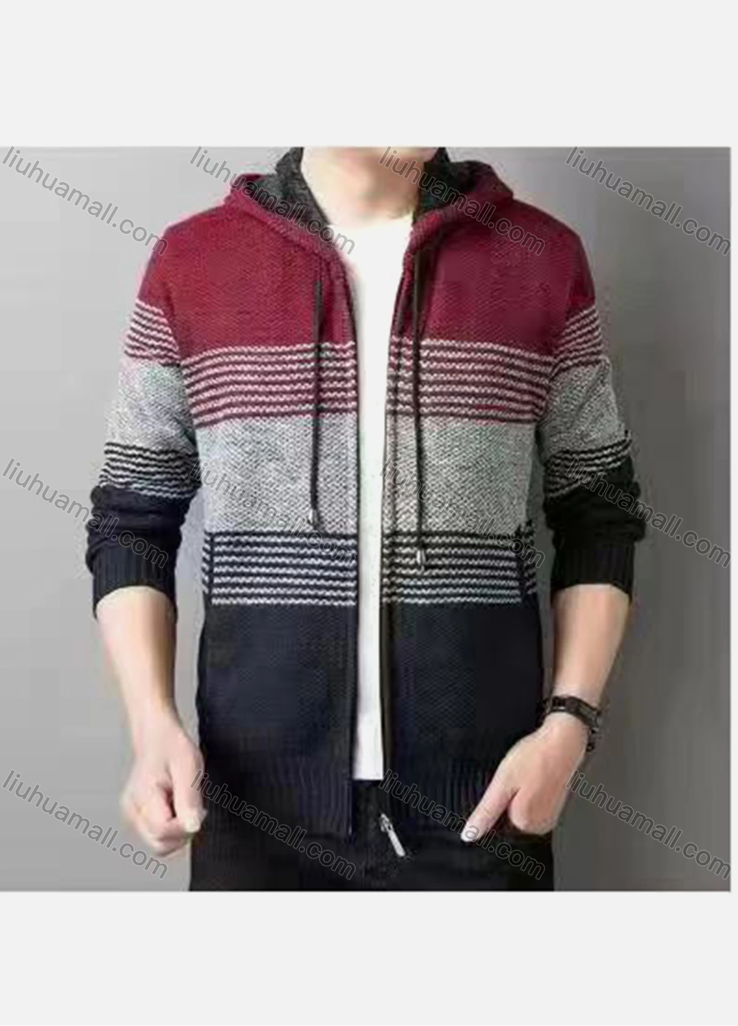 Wholesale Men's Casual Striped Drawstring Long Sleeve Zip Hooded Fleece Sweater Jacket - Liuhuamall