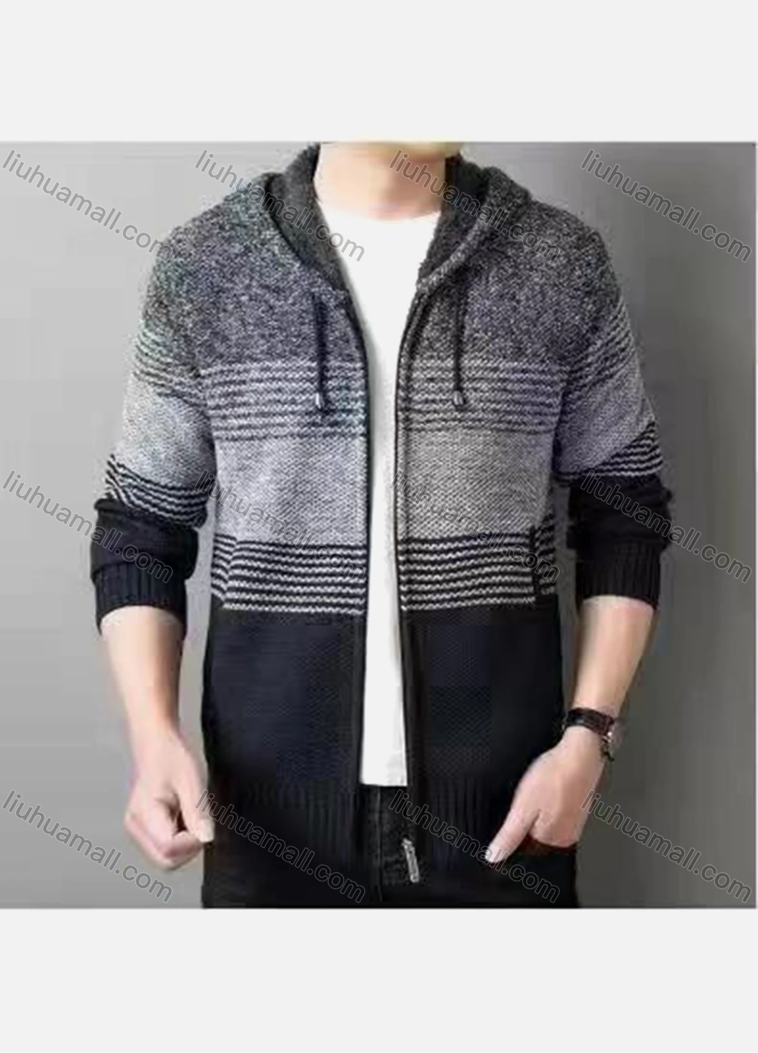 Wholesale Men's Casual Striped Drawstring Long Sleeve Zip Hooded Fleece Sweater Jacket - Liuhuamall