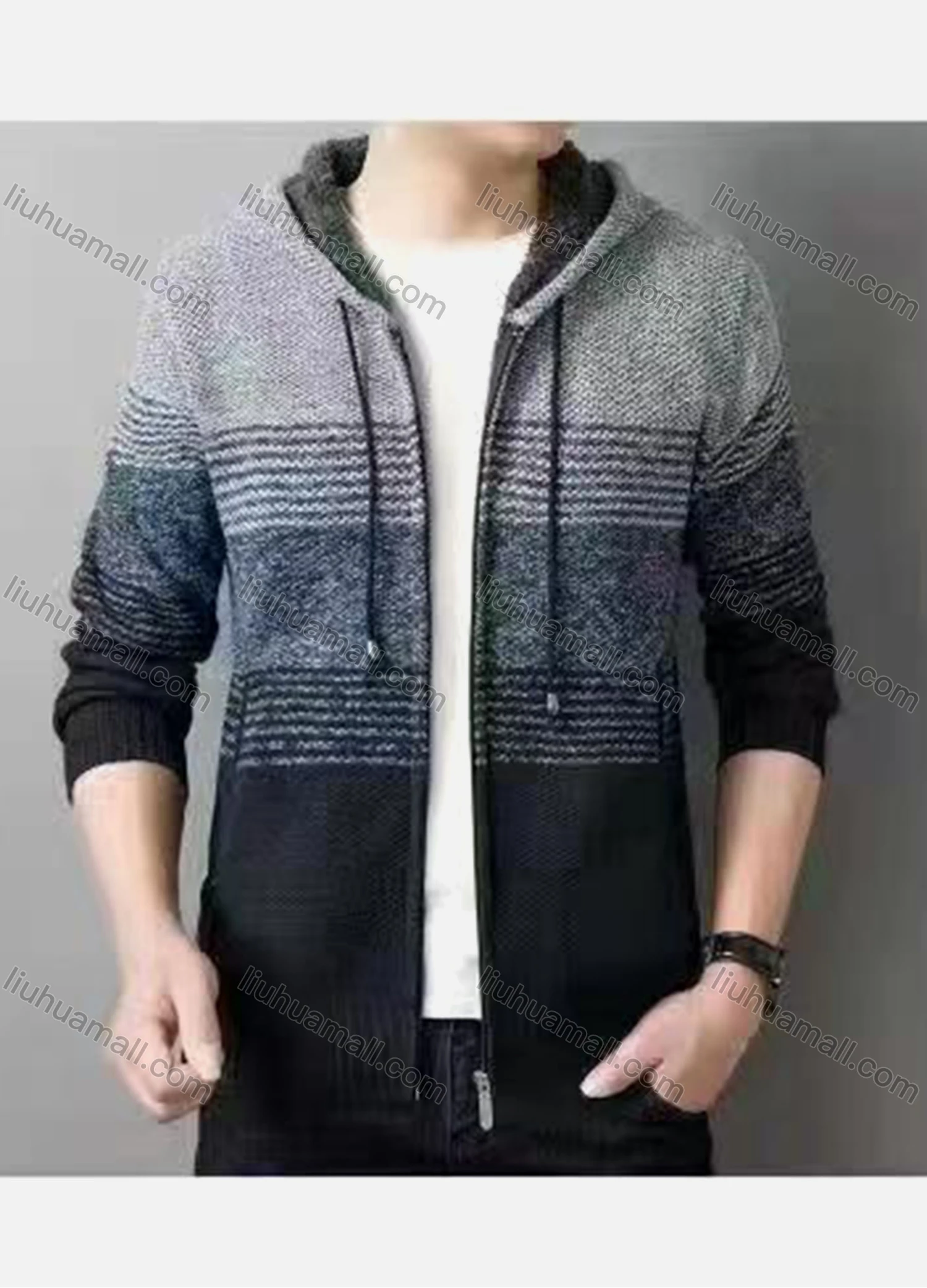 Wholesale Men's Casual Striped Drawstring Long Sleeve Zip Hooded Fleece Sweater Jacket - Liuhuamall