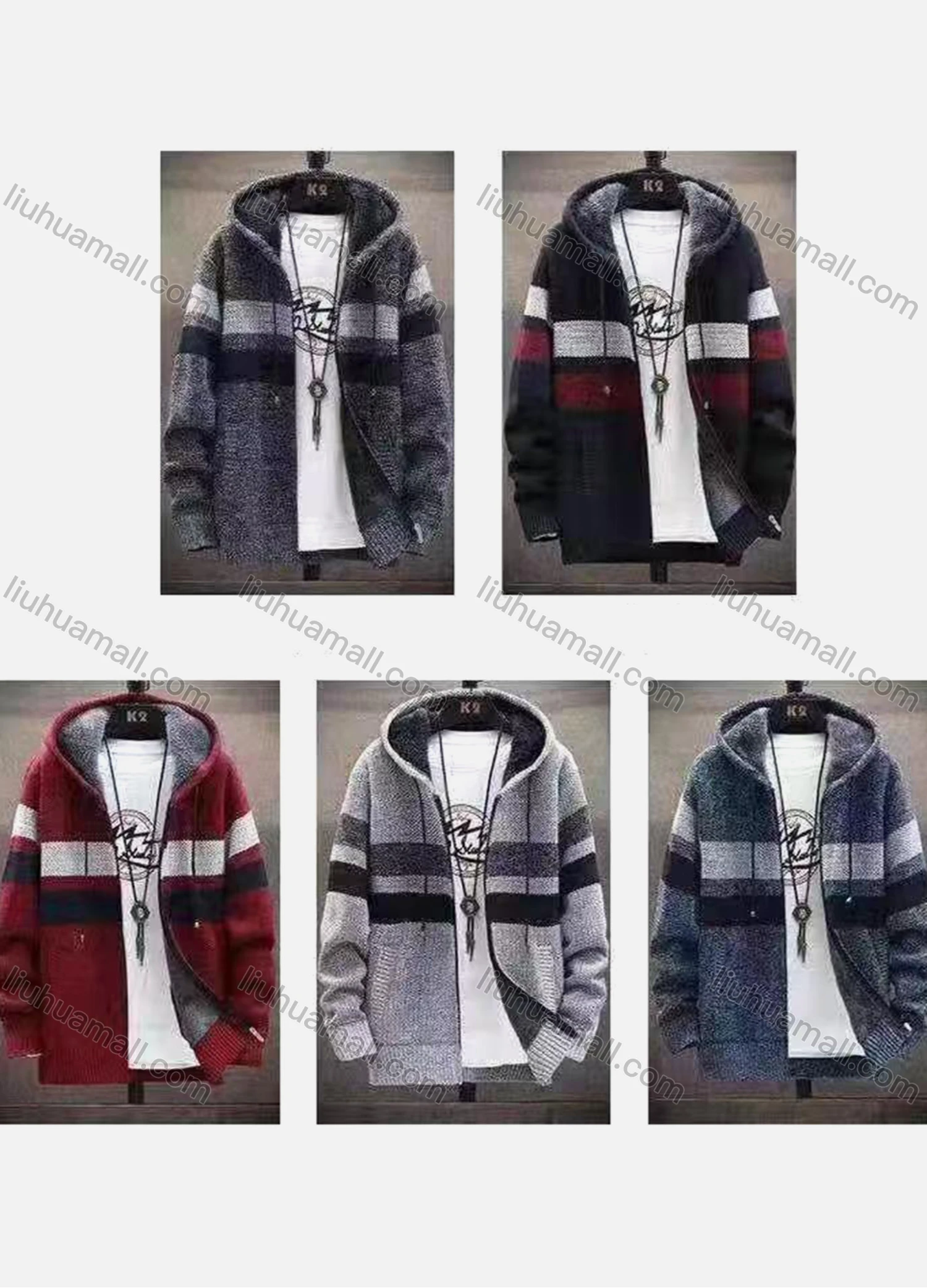 Wholesale Men's Casual Striped Drawstring Long Sleeve Zip Hooded Fleece Sweater Jacket - Liuhuamall