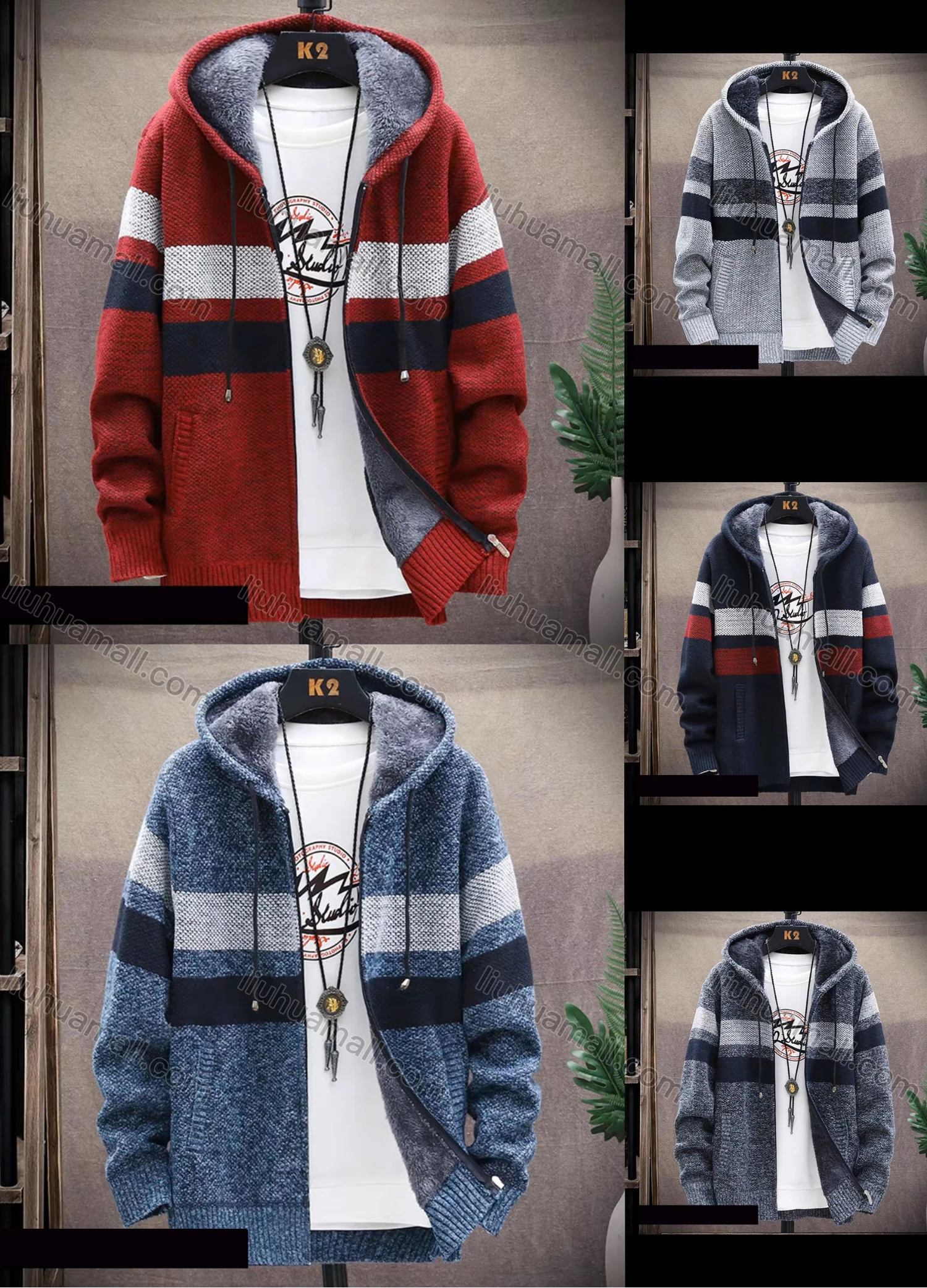 Wholesale Men's Casual Striped Drawstring Long Sleeve Zip Hooded Fleece Sweater Jacket - Liuhuamall